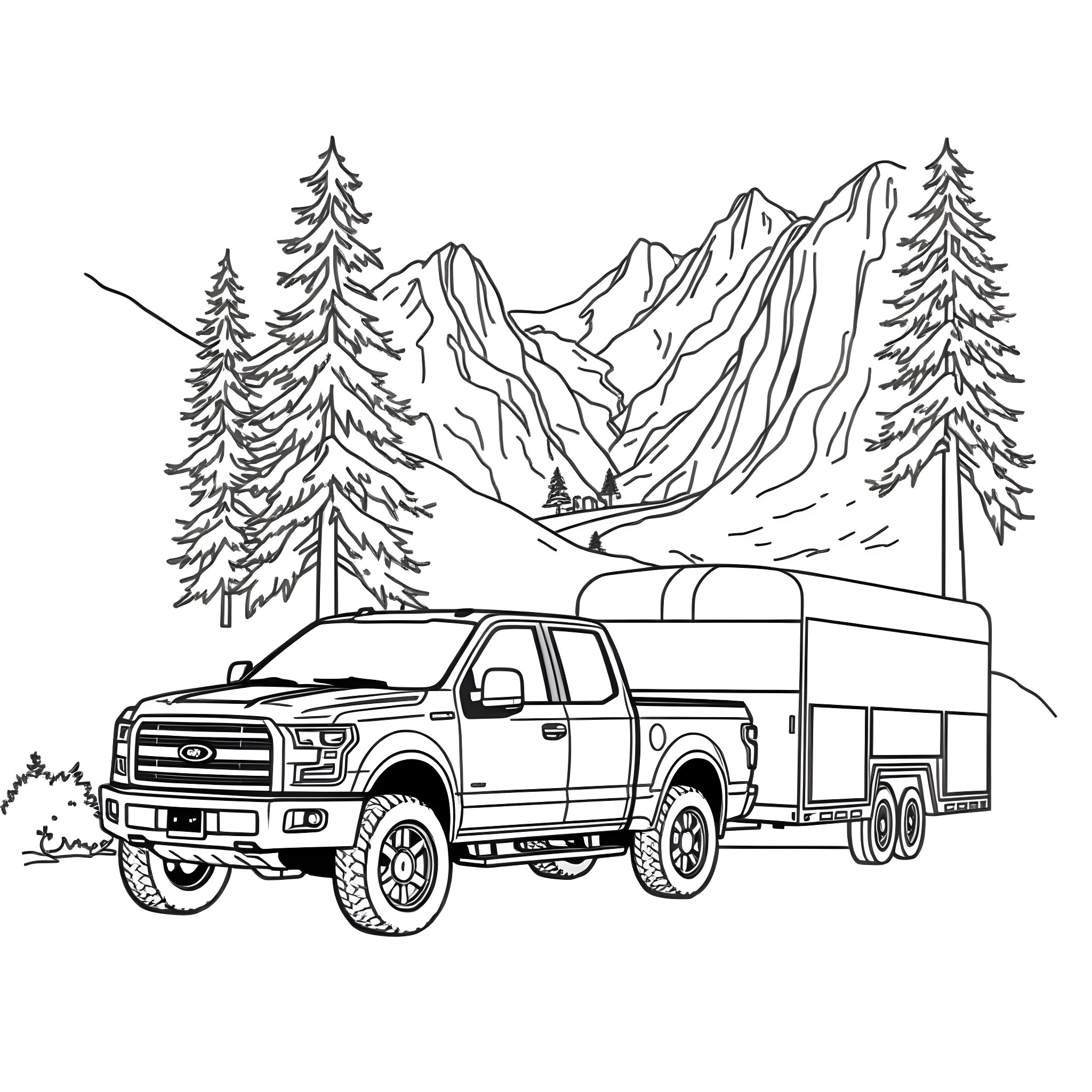 Pickup Truck Towing Trailer through Mountain Landscape Coloring Page (free black-and-white line drawing printable PDF for all, from beginners to advanced learners, including children, teens, adults, and seniors)