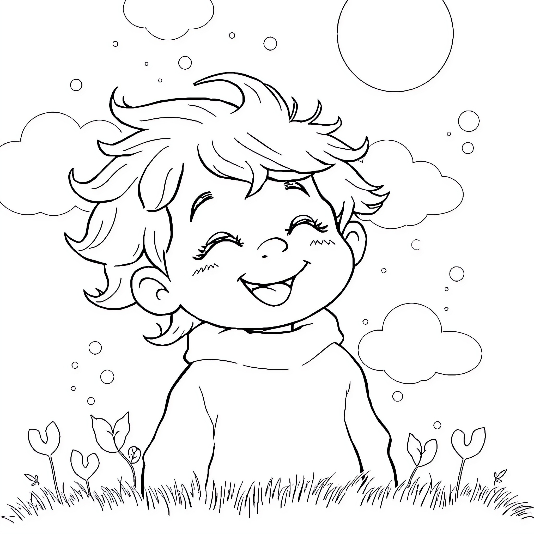 Child enjoying a playful day outdoors Coloring Page (free black-and-white line drawing printable PDF for all, from beginners to advanced learners, including children, teens, adults, and seniors)