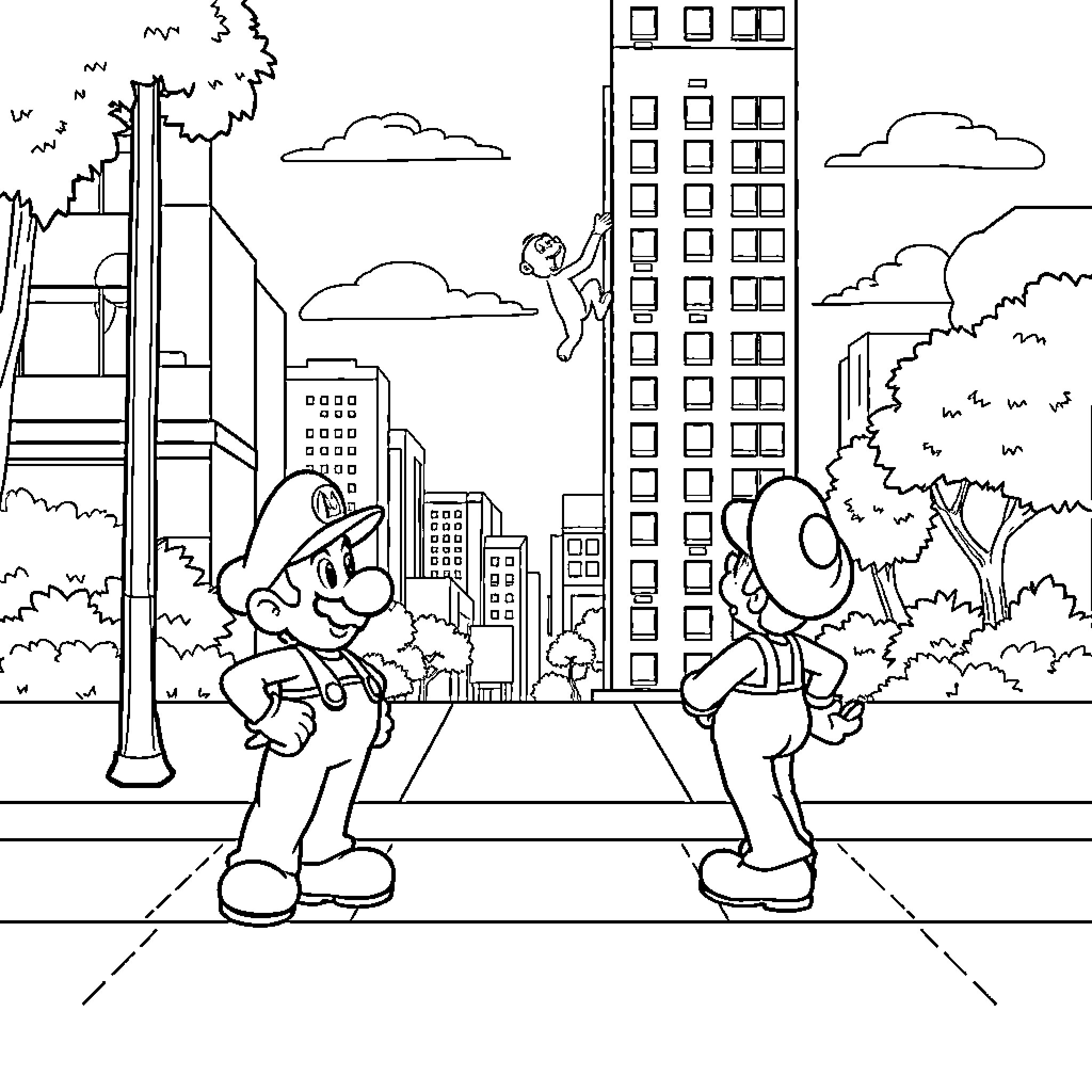 Mario and Luigi exploring the city skyline Coloring Page (free black-and-white line drawing printable PDF for all, from beginners to advanced learners, including children, teens, adults, and seniors)