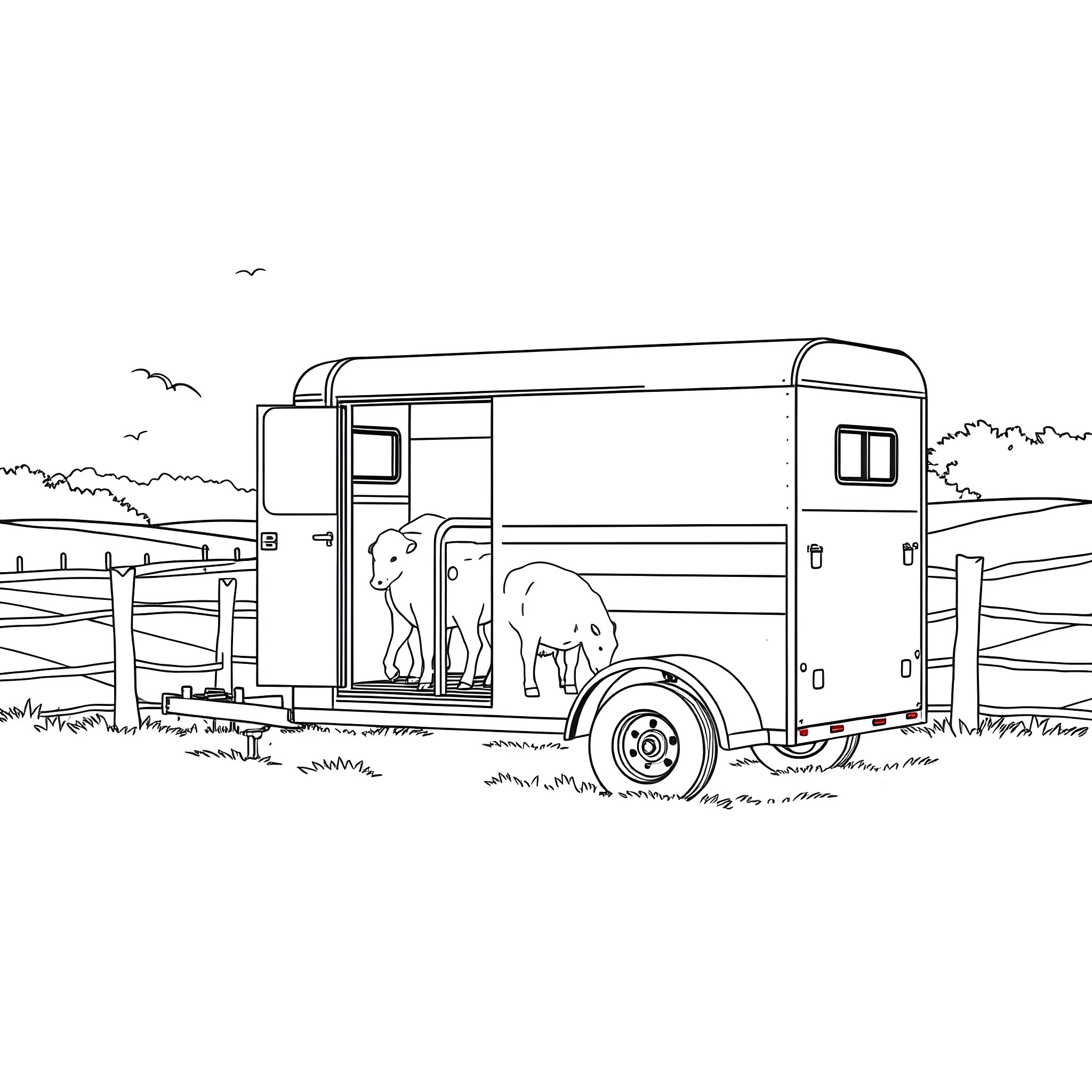 Livestock Trailer with Animals in Pastoral Scene Coloring Page (free black-and-white line drawing printable PDF for all, from beginners to advanced learners, including children, teens, adults, and seniors)