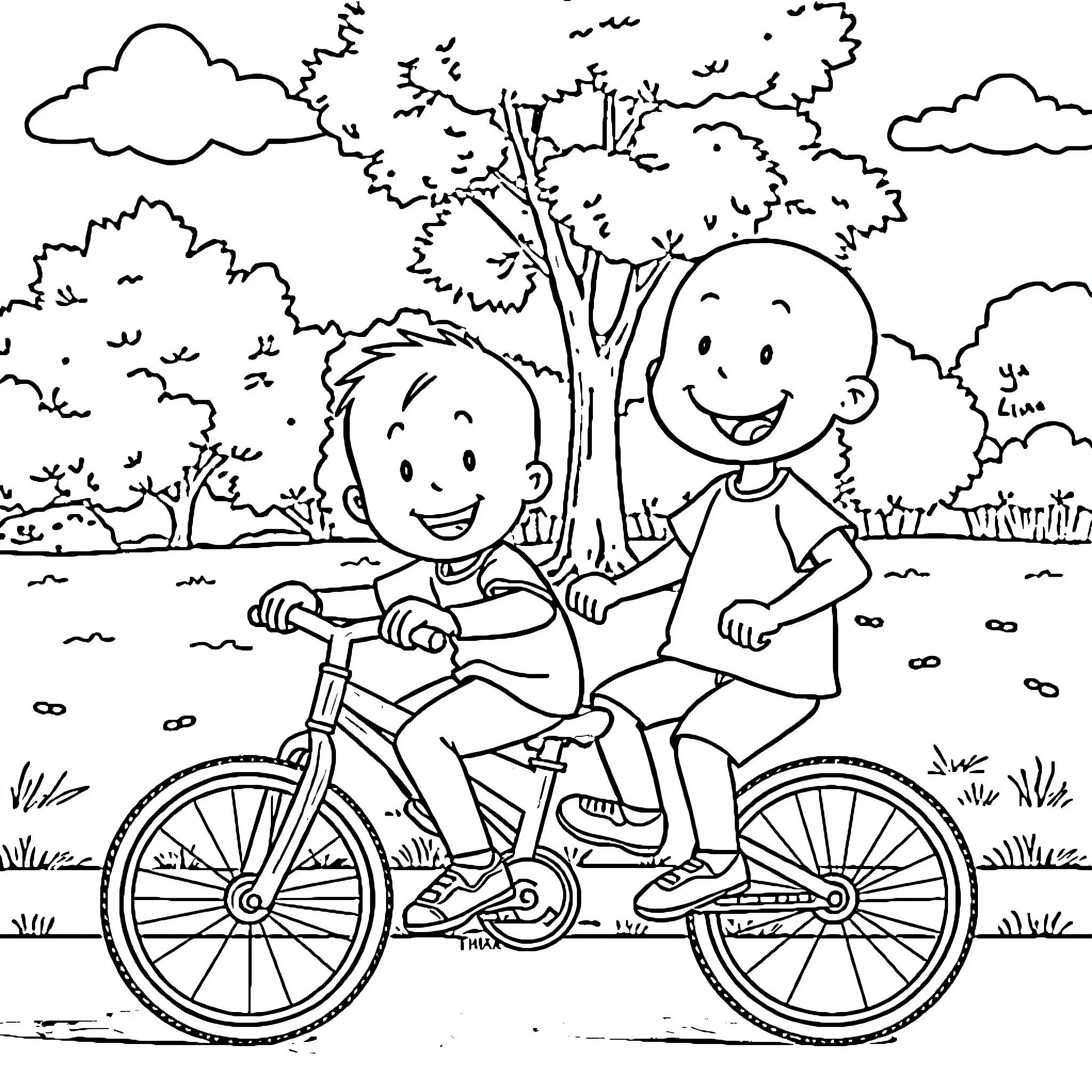 Boy riding bicycle happily with friend in park Coloring Page (free black-and-white line drawing printable PDF for all, from beginners to advanced learners, including children, teens, adults, and seniors)