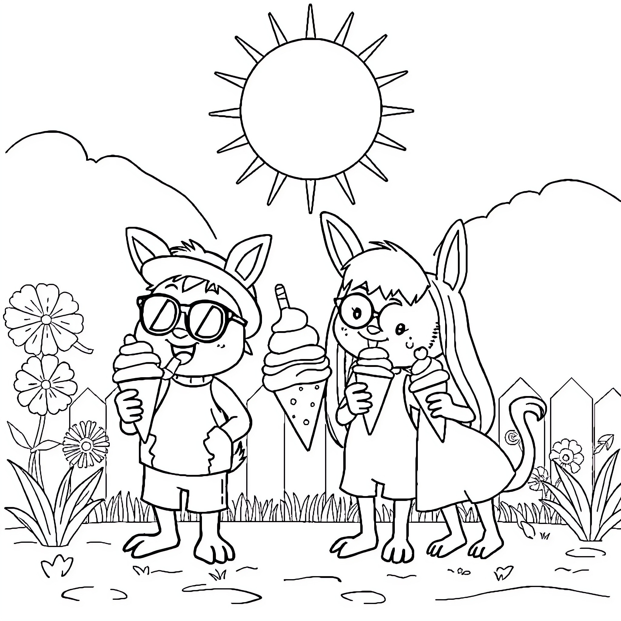 Huntrix Rabbits Enjoying Icy Treats on a Sunny Day Coloring Page (free black-and-white line drawing printable PDF for all, from beginners to advanced learners, including children, teens, adults, and seniors)