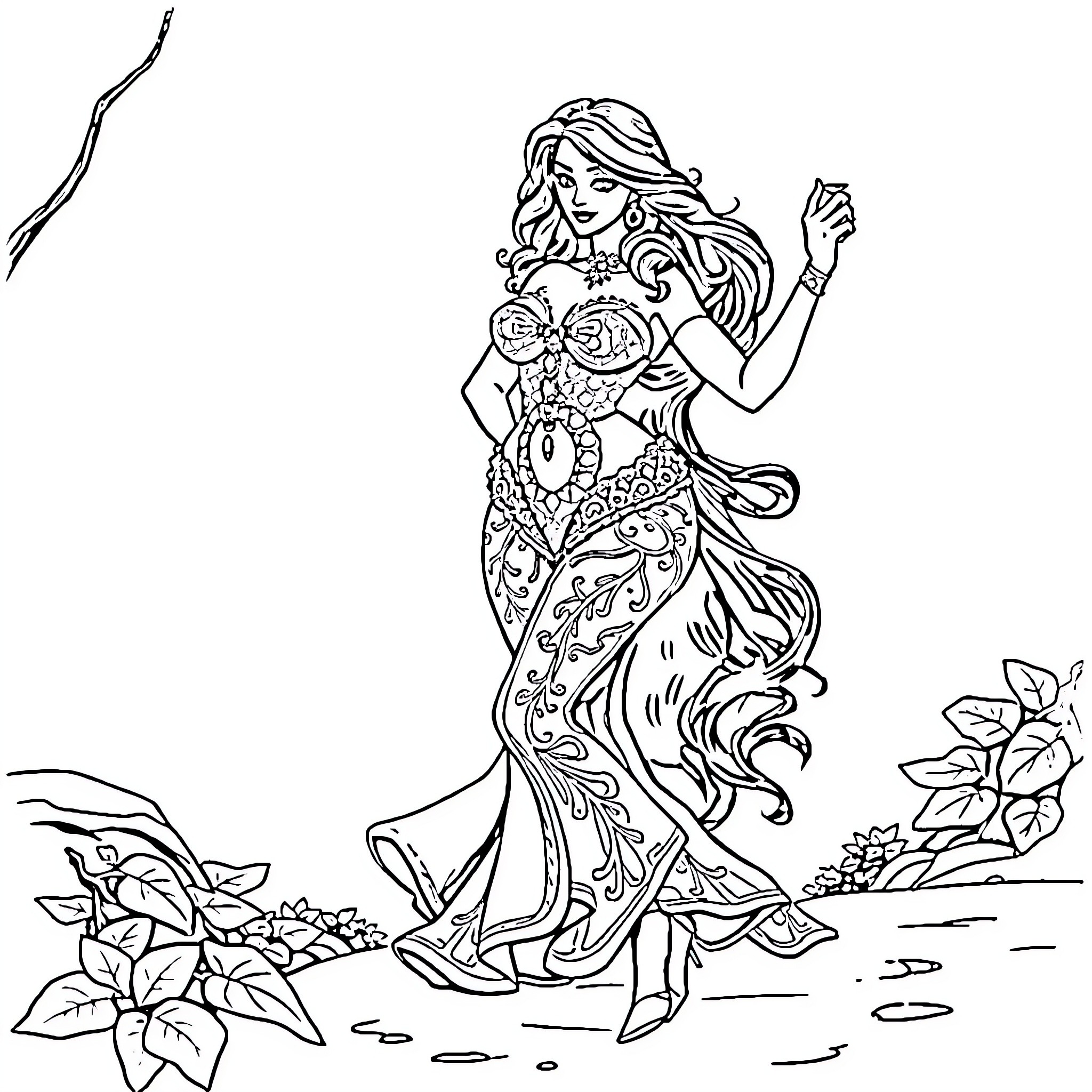 Poison Ivy Casting Nature's Spell Coloring Page (free black-and-white line drawing printable PDF for all, from beginners to advanced learners, including children, teens, adults, and seniors)