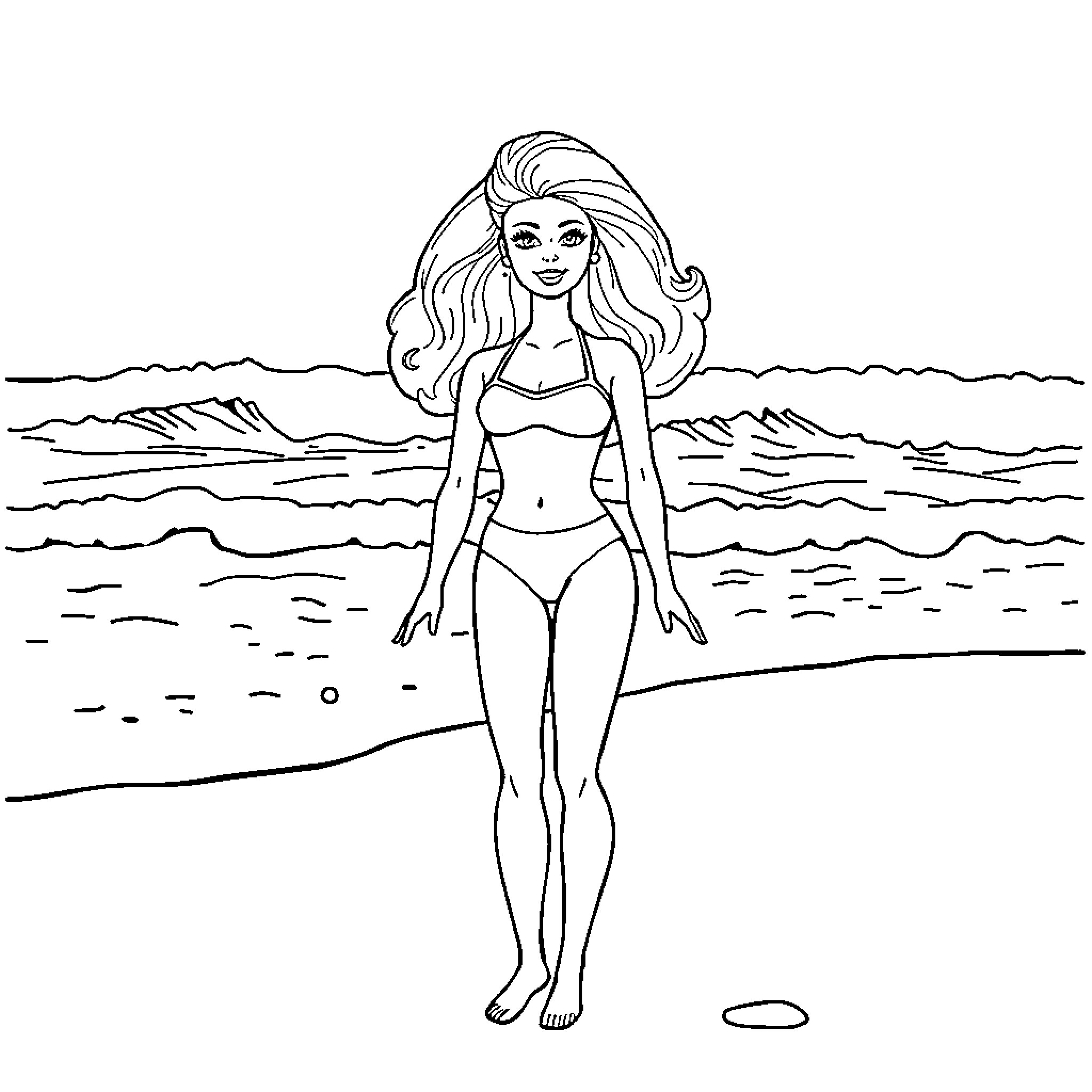 Barbie enjoying the beach scenery Coloring Page (free black-and-white line drawing printable PDF for all, from beginners to advanced learners, including children, teens, adults, and seniors)