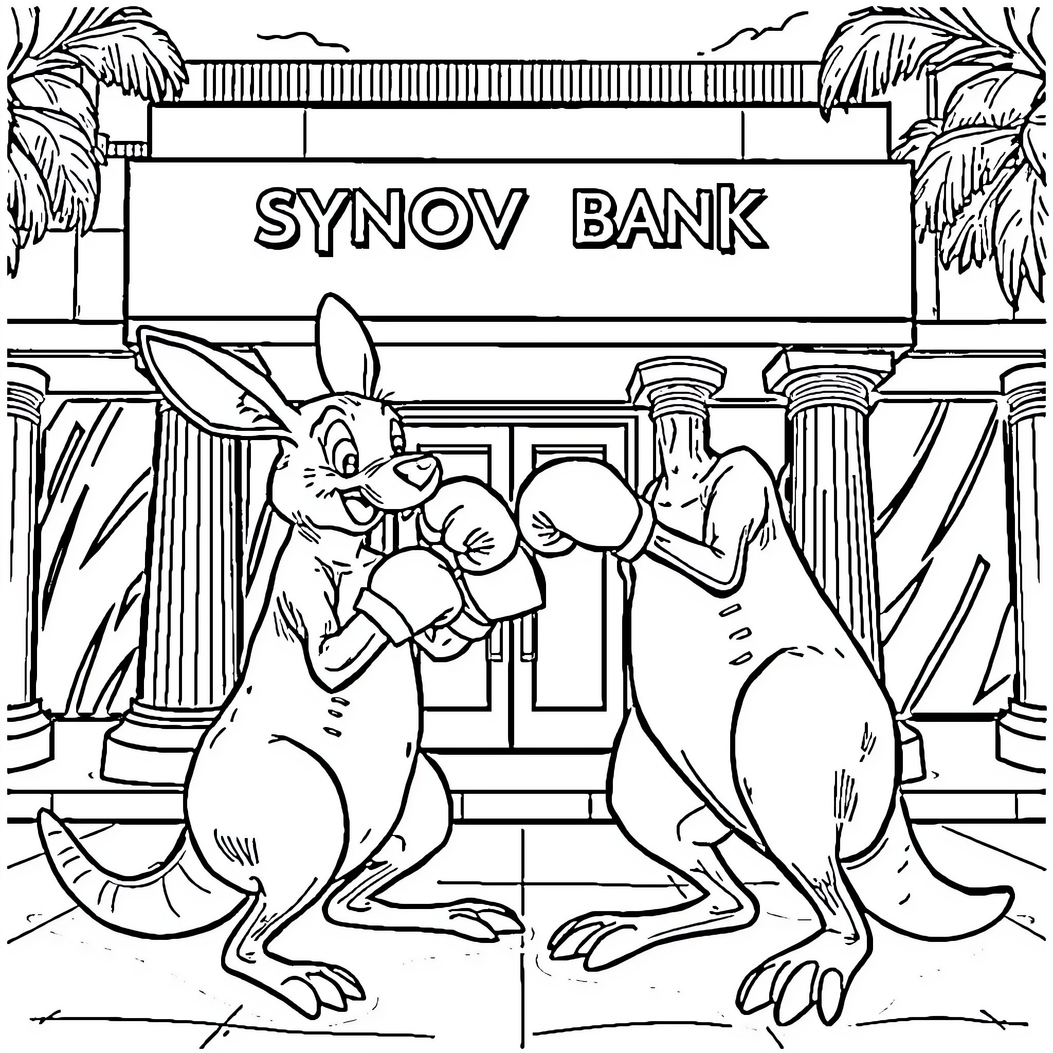 Kangaroos boxing outside Synov Bank Coloring Page (free black-and-white line drawing printable PDF for all, from beginners to advanced learners, including children, teens, adults, and seniors)