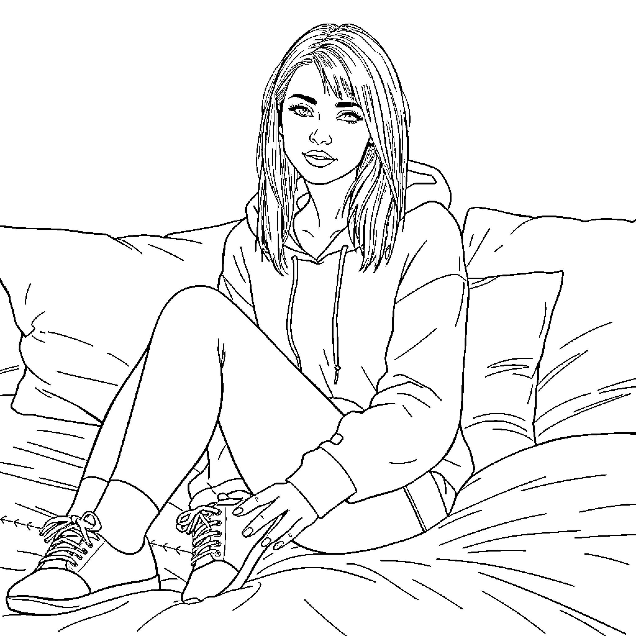 Person sitting thoughtfully in nature Coloring Page (free black-and-white line drawing printable PDF for all, from beginners to advanced learners, including children, teens, adults, and seniors)