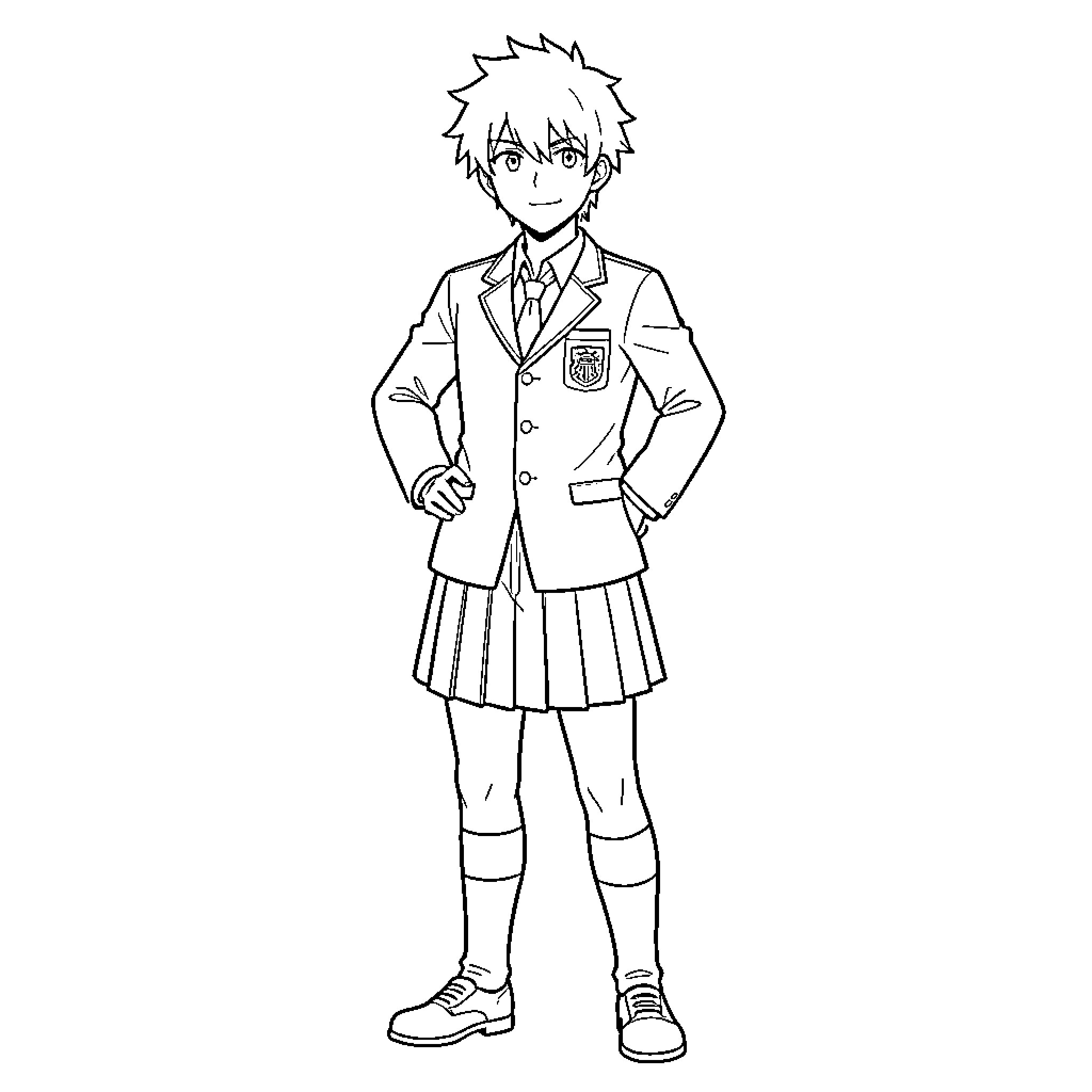 Itadori standing confidently in a school uniform Coloring Page (free black-and-white line drawing printable PDF for all, from beginners to advanced learners, including children, teens, adults, and seniors)