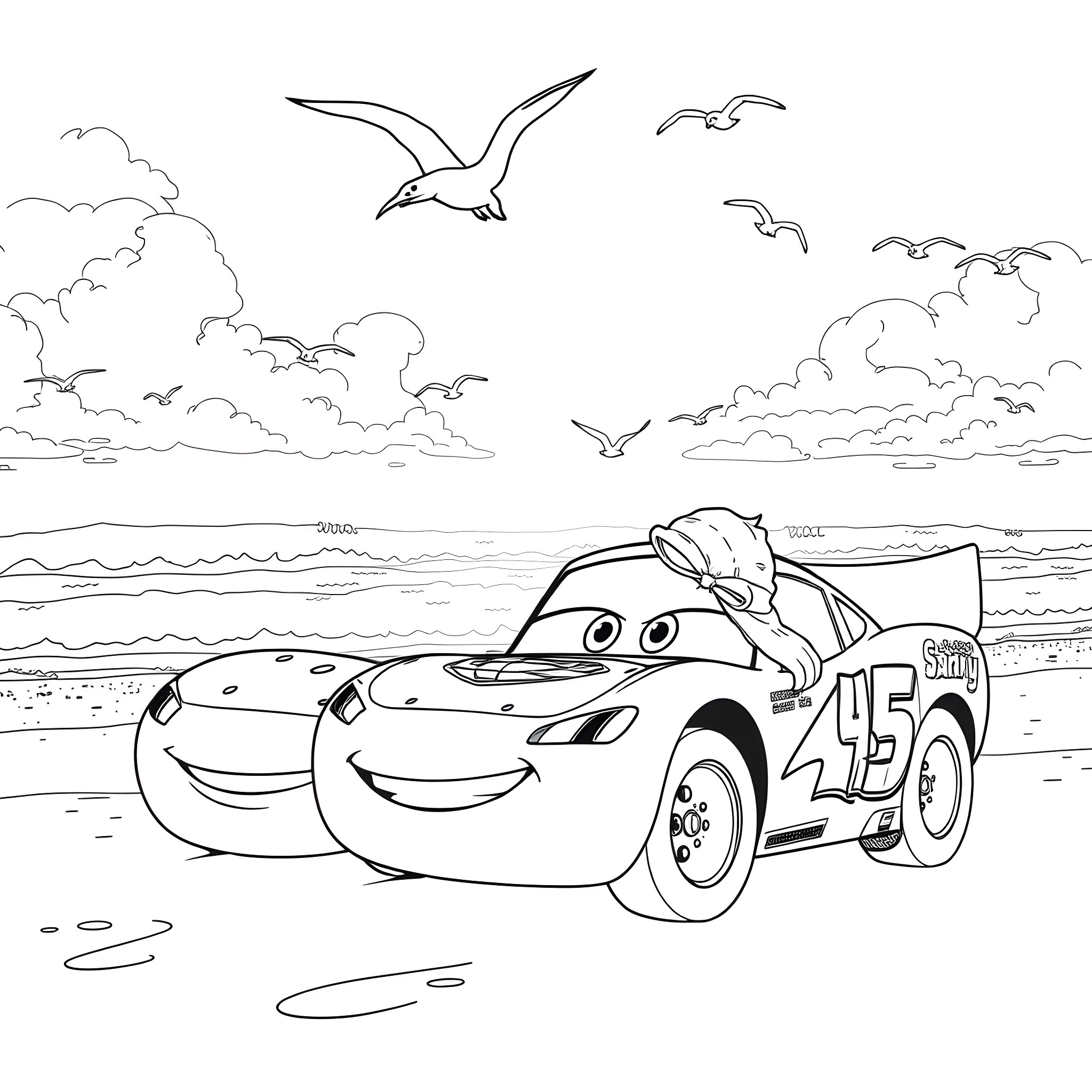 Lightning McQueen racing on the beach with seagulls Coloring Page (free black-and-white line drawing printable PDF for all, from beginners to advanced learners, including children, teens, adults, and seniors)