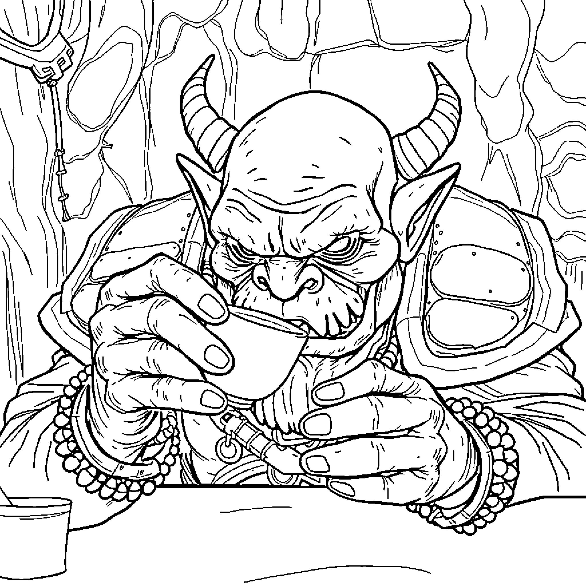 Ork pondering over a cup of brew Coloring Page (free black-and-white line drawing printable PDF for all, from beginners to advanced learners, including children, teens, adults, and seniors)