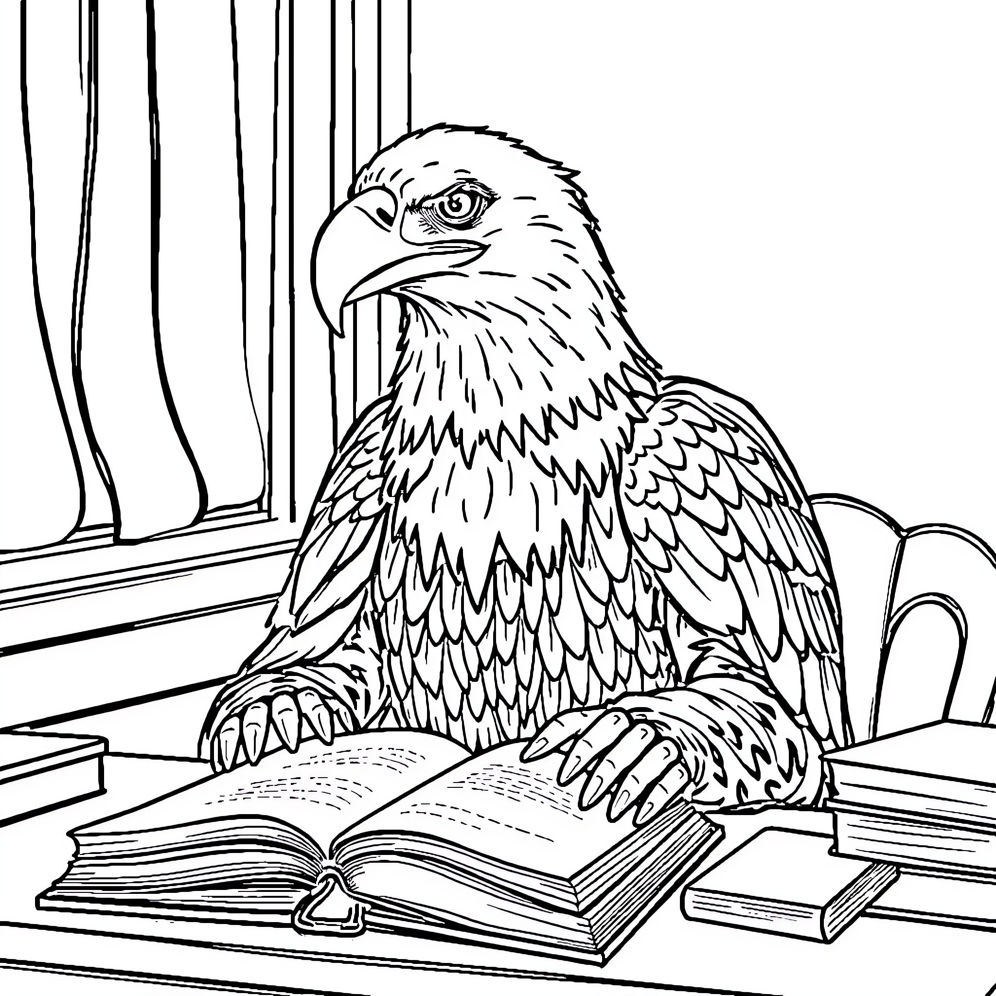 Bald Eagle reading books intently Coloring Page (free black-and-white line drawing printable PDF for all, from beginners to advanced learners, including children, teens, adults, and seniors)