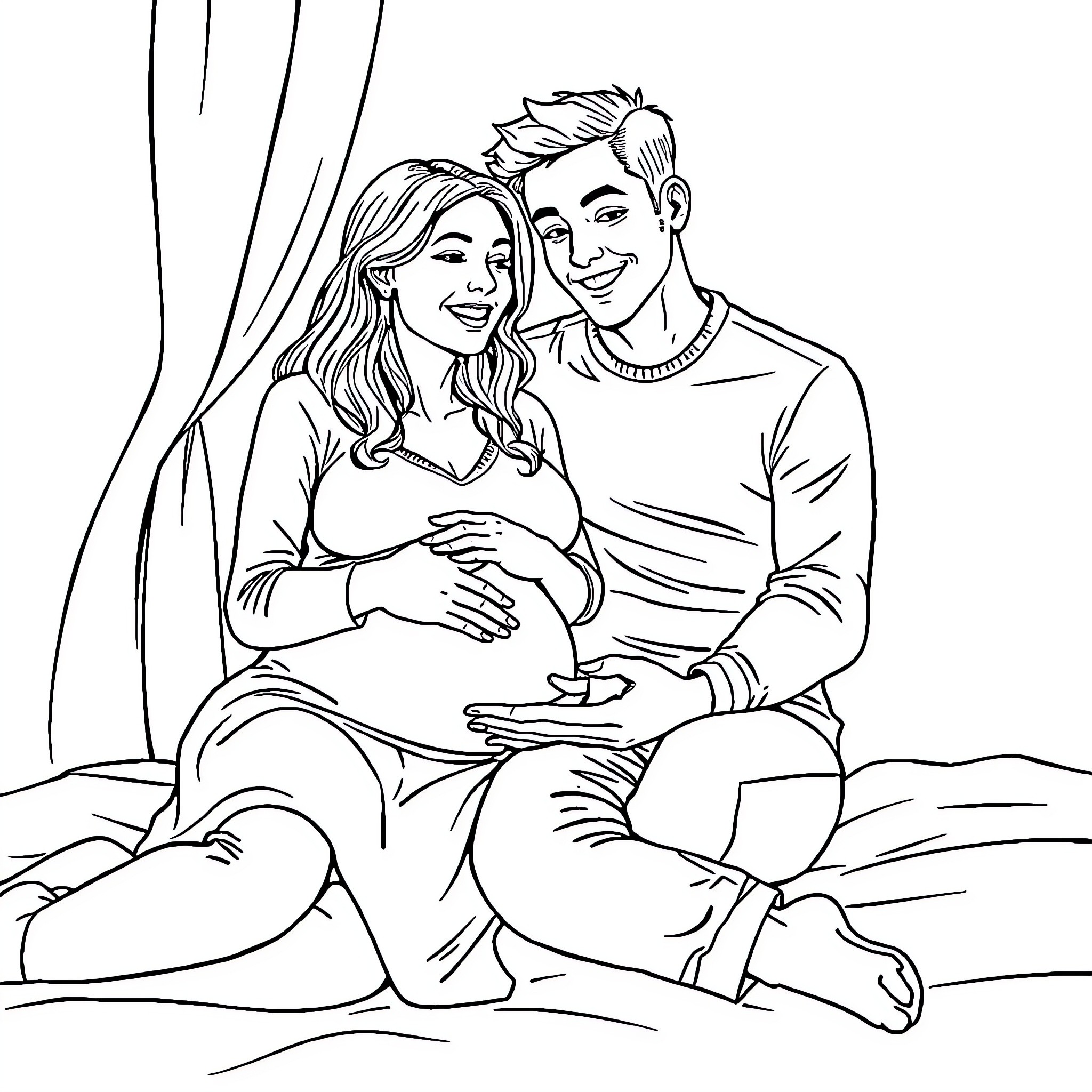 Pregnant Woman Embracing Husband on Bed Coloring Page (free black-and-white line drawing printable PDF for all, from beginners to advanced learners, including children, teens, adults, and seniors)