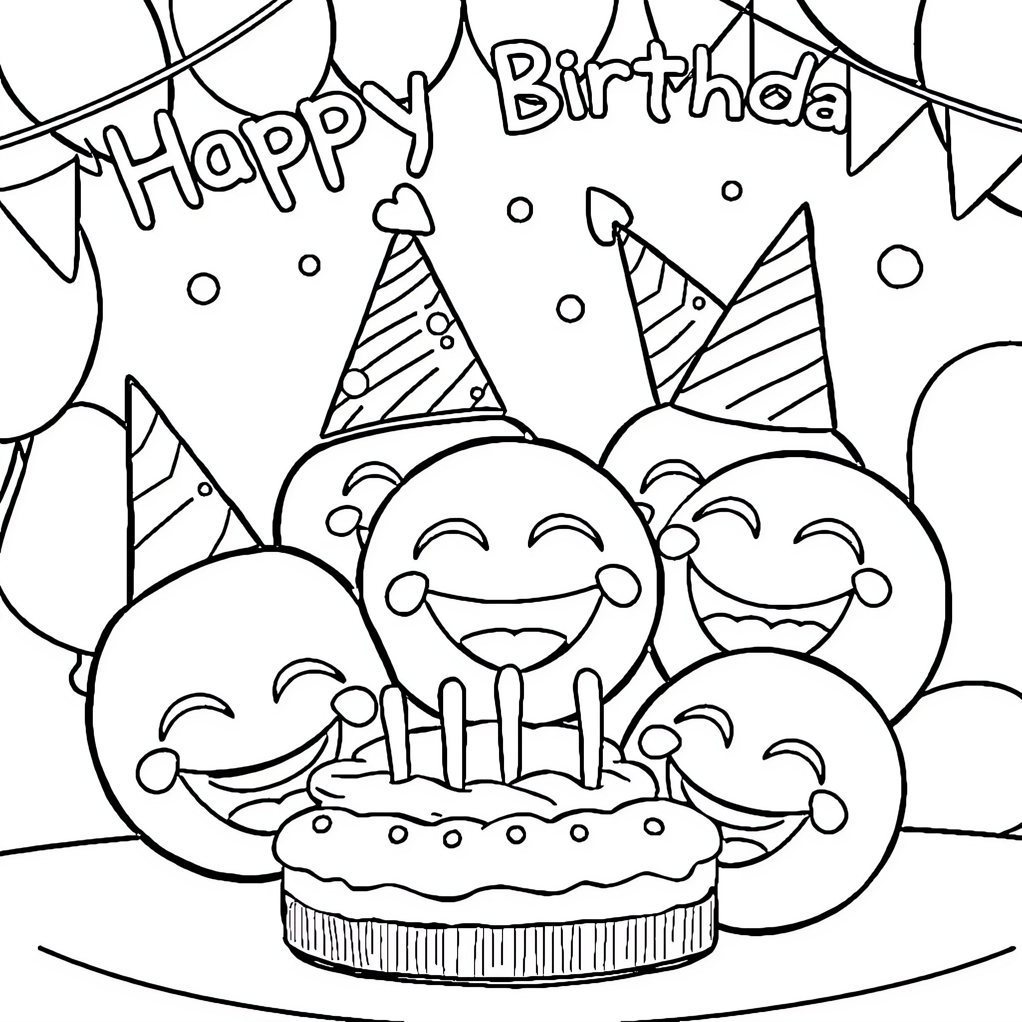 Emoji birthday celebration with smiling faces Coloring Page (free black-and-white line drawing printable PDF for all, from beginners to advanced learners, including children, teens, adults, and seniors)