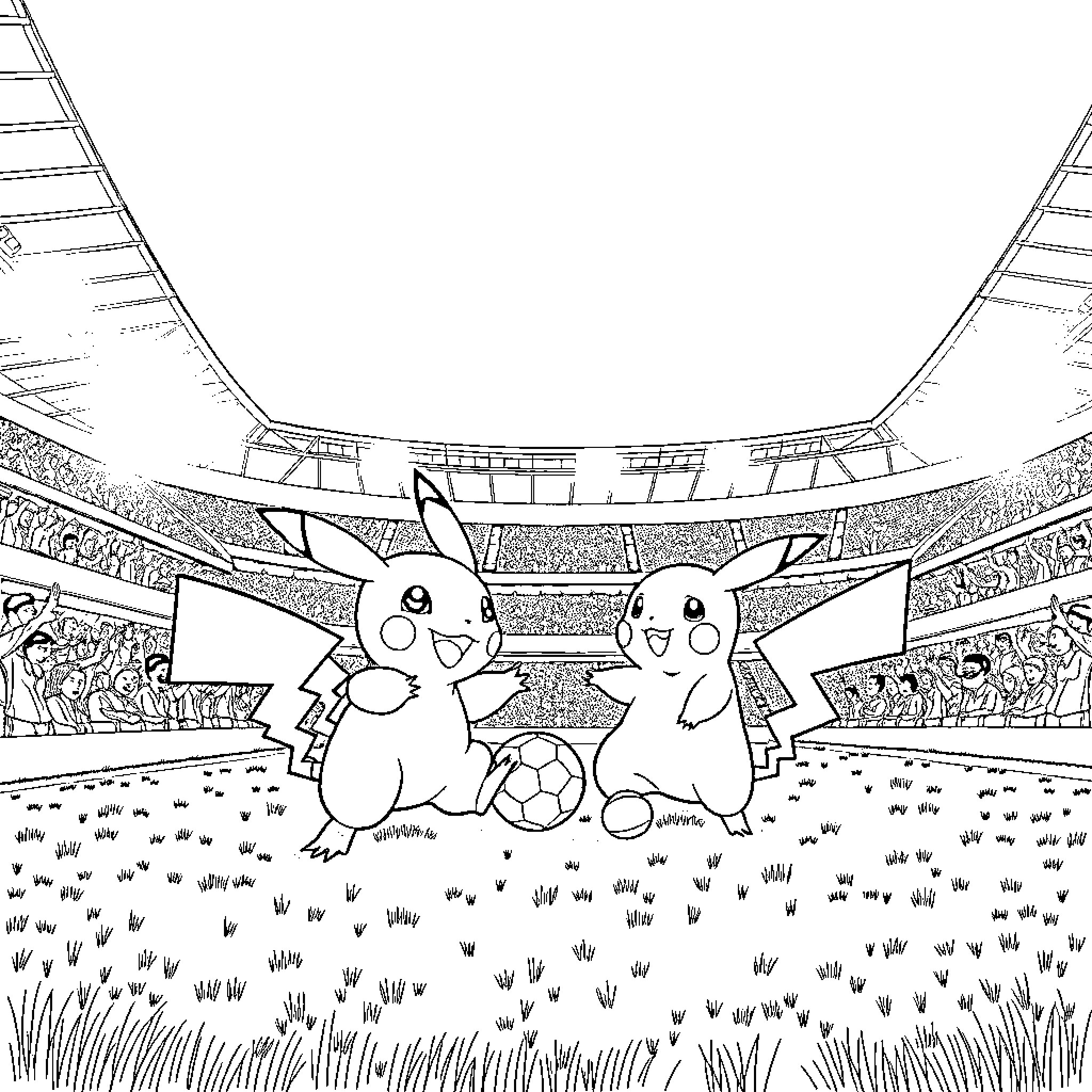Bulbasaur playing soccer in a stadium with fans Coloring Page (free black-and-white line drawing printable PDF for all, from beginners to advanced learners, including children, teens, adults, and seniors)
