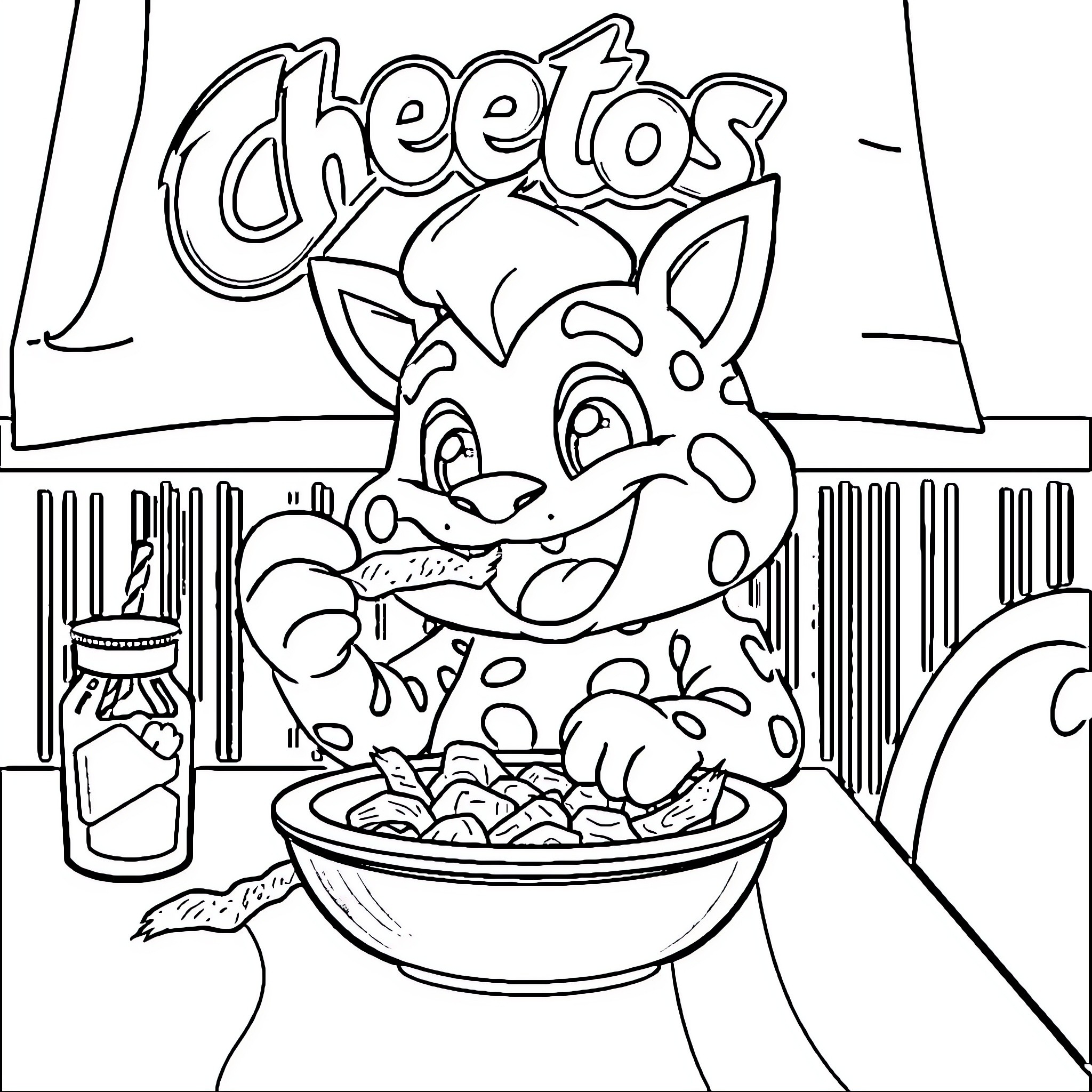 Labubu enjoying a bowl of Cheetos Coloring Page (free black-and-white line drawing printable PDF for all, from beginners to advanced learners, including children, teens, adults, and seniors)