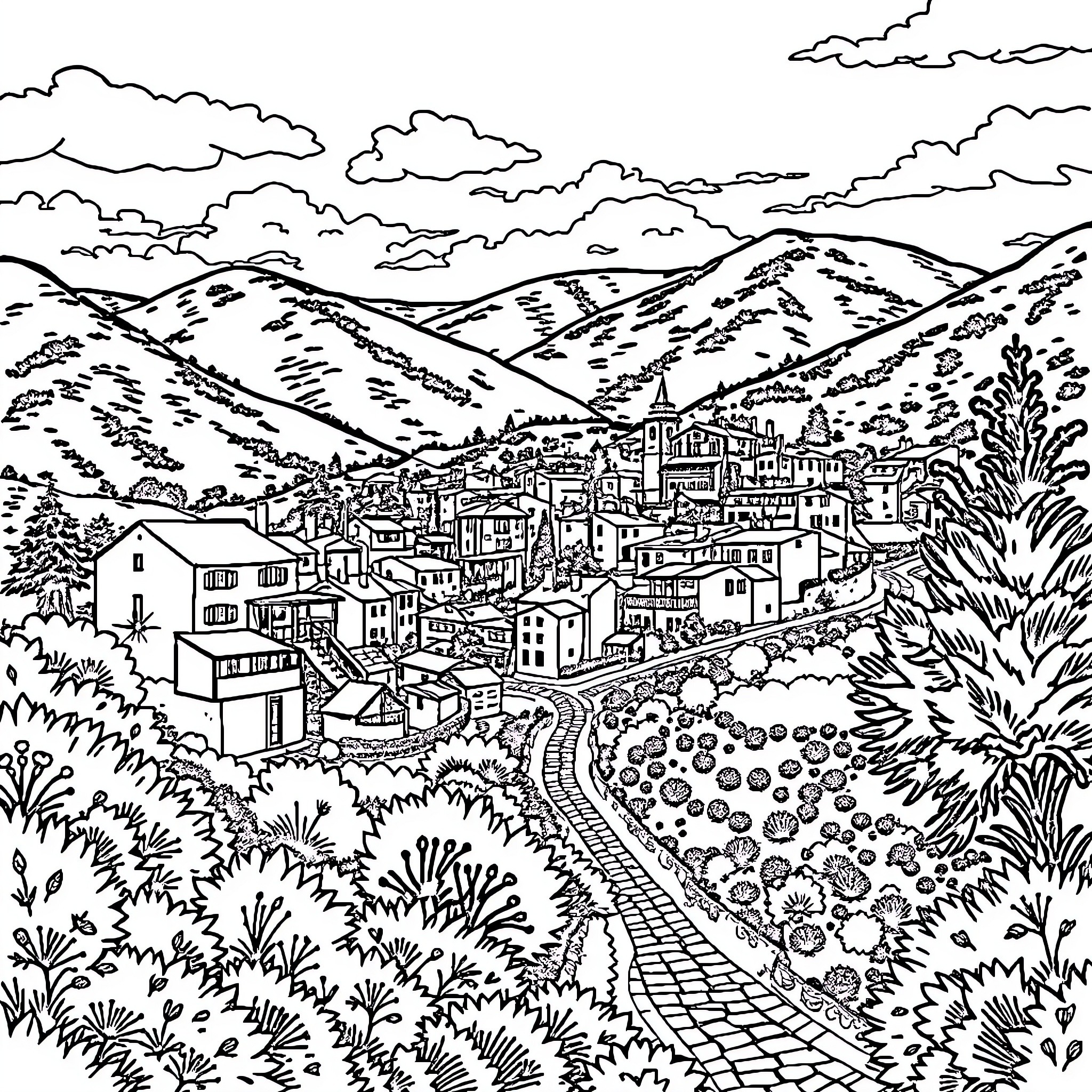 Pueblo of people amidst scenic mountainous landscape Coloring Page (free black-and-white line drawing printable PDF for all, from beginners to advanced learners, including children, teens, adults, and seniors)
