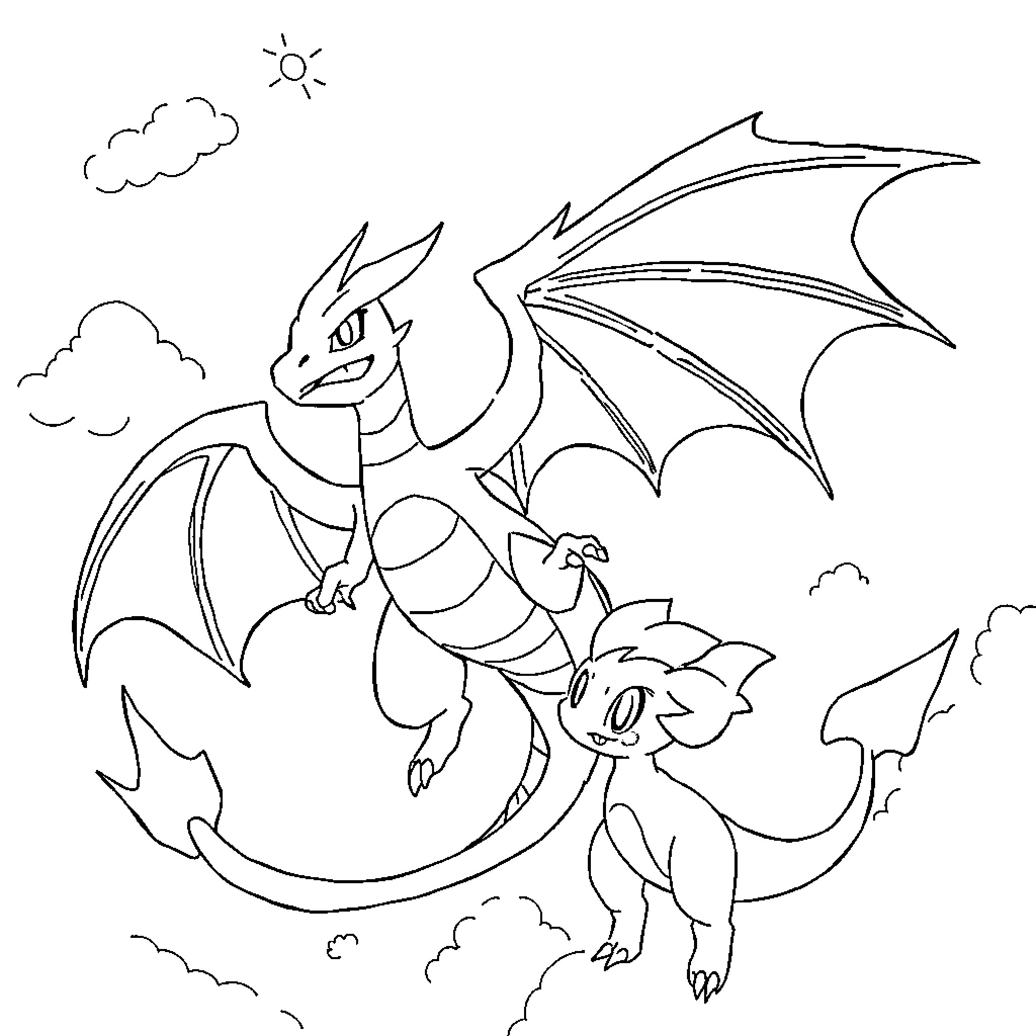 Pokémon dragons soaring in the sky Coloring Page (free black-and-white line drawing printable PDF for all, from beginners to advanced learners, including children, teens, adults, and seniors)