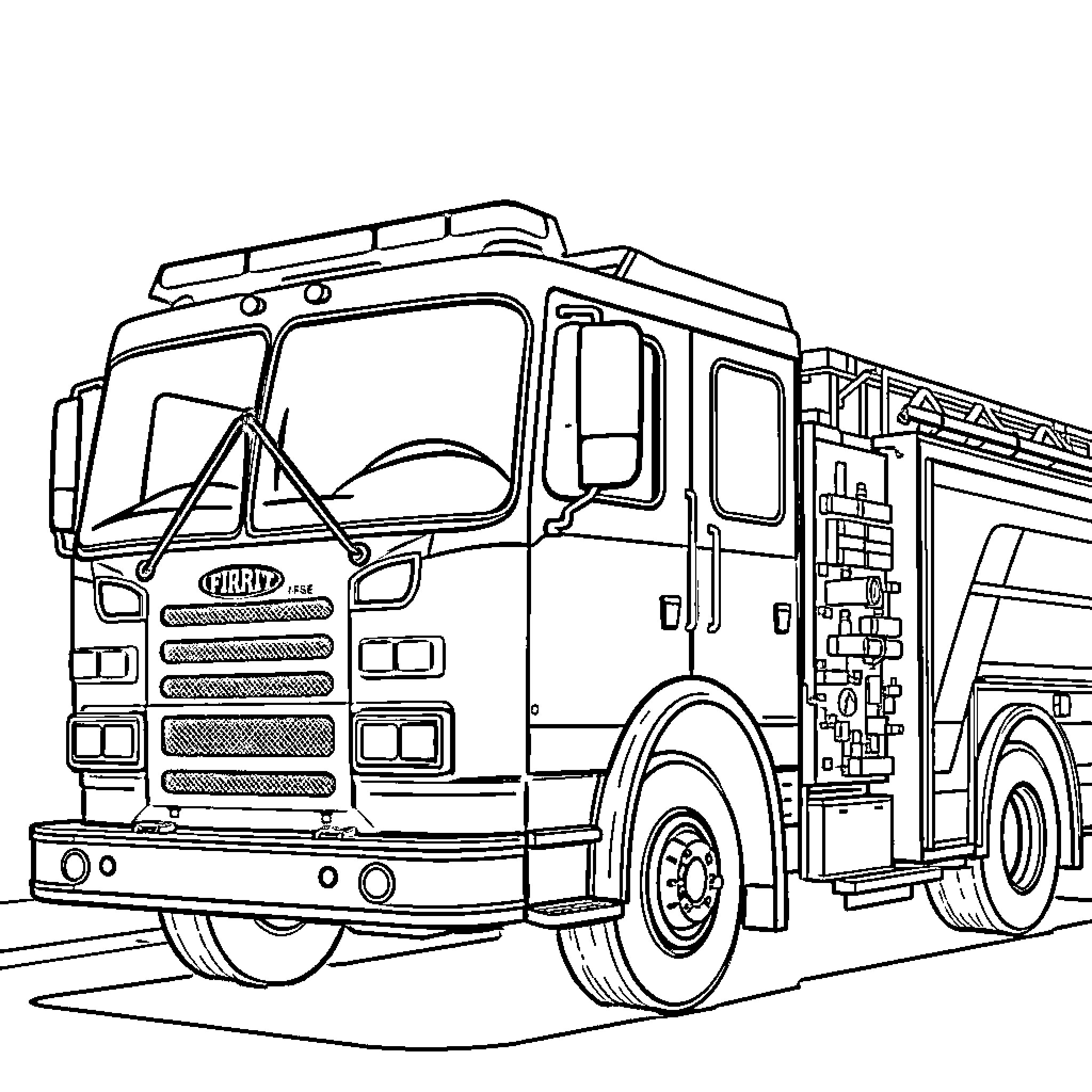 Firetruck ready for emergency response Coloring Page (free black-and-white line drawing printable PDF for all, from beginners to advanced learners, including children, teens, adults, and seniors)