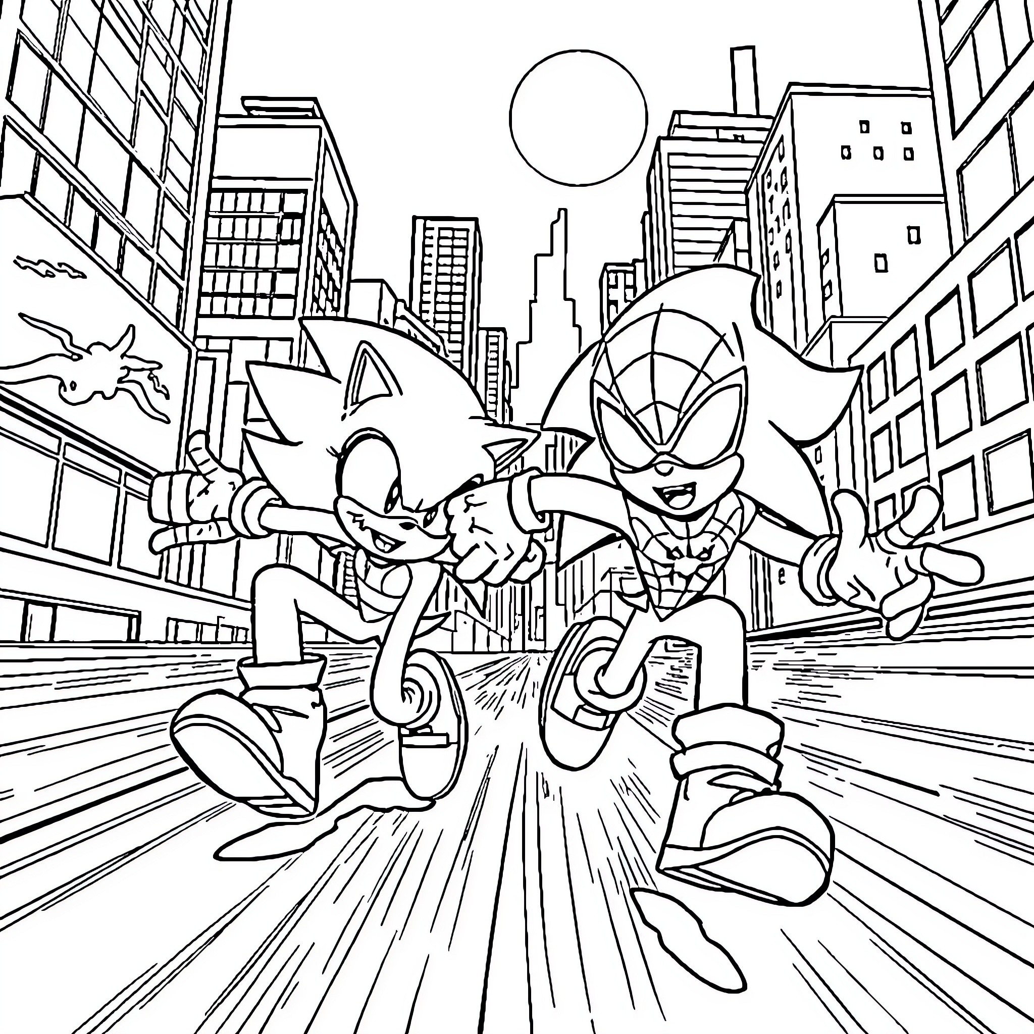 Sonic racing through the city with Spider-Man Coloring Page (free black-and-white line drawing printable PDF for all, from beginners to advanced learners, including children, teens, adults, and seniors)