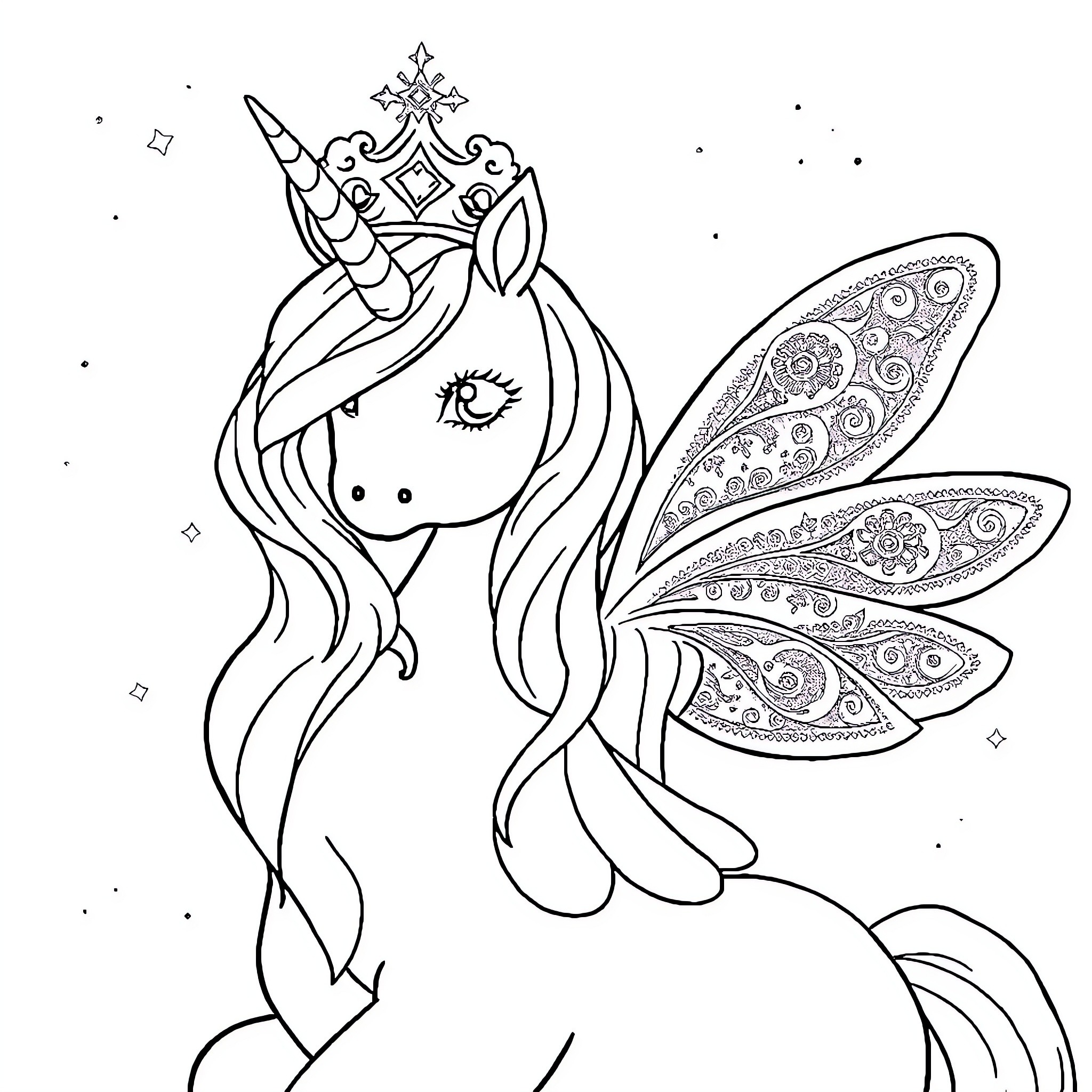 Unicorn fairy with magical crown and wings Coloring Page (free black-and-white line drawing printable PDF for all, from beginners to advanced learners, including children, teens, adults, and seniors)