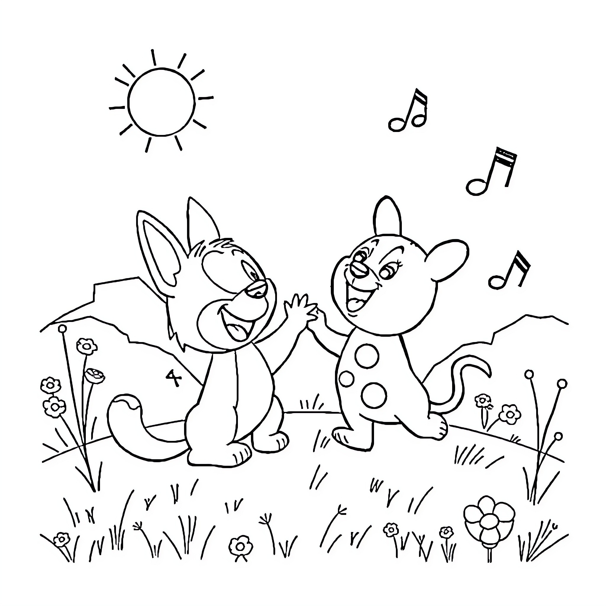 Bluey and friends dancing and playing outdoors Coloring Page (free black-and-white line drawing printable PDF for all, from beginners to advanced learners, including children, teens, adults, and seniors)