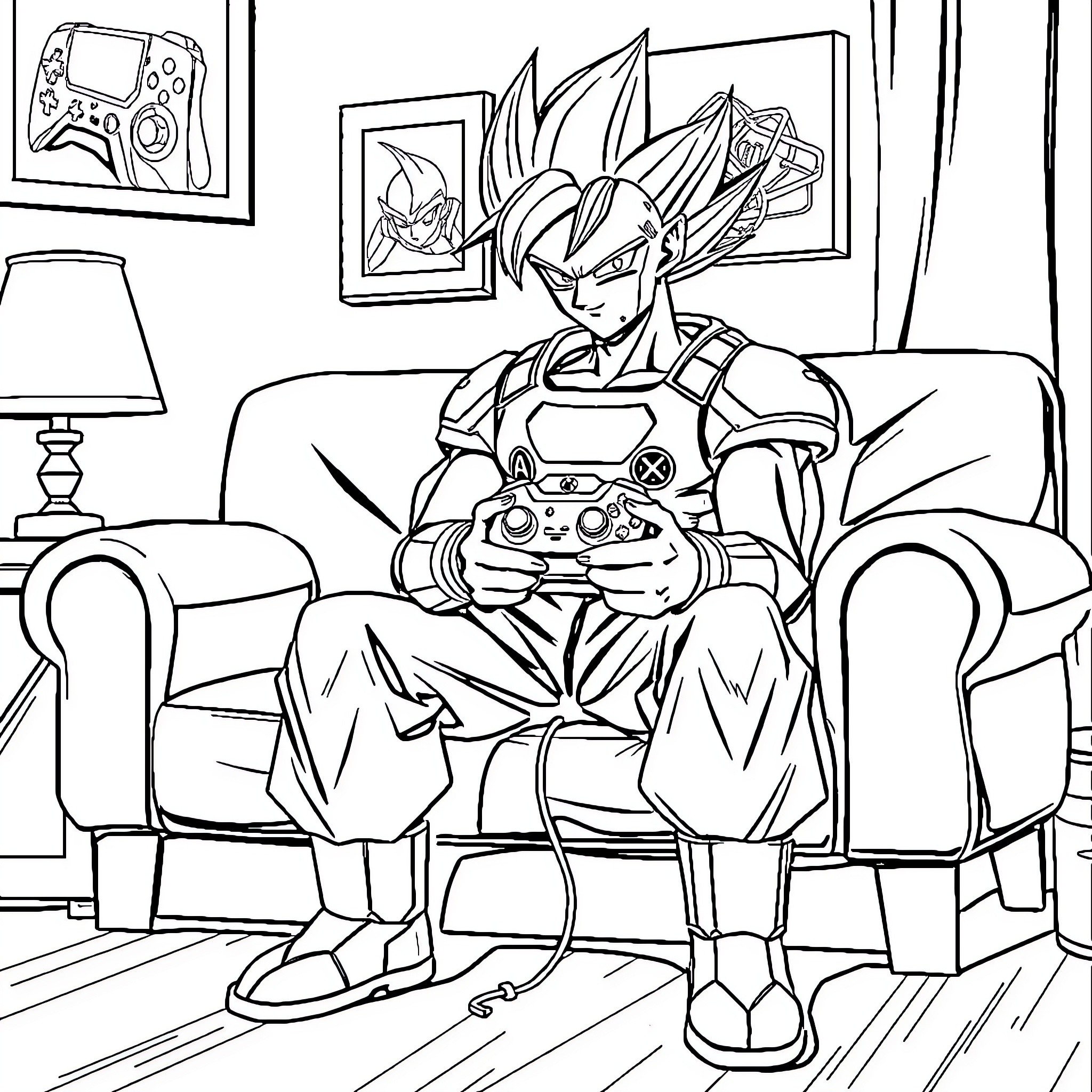 Android 17 enjoying video games at home Coloring Page (free black-and-white line drawing printable PDF for all, from beginners to advanced learners, including children, teens, adults, and seniors)