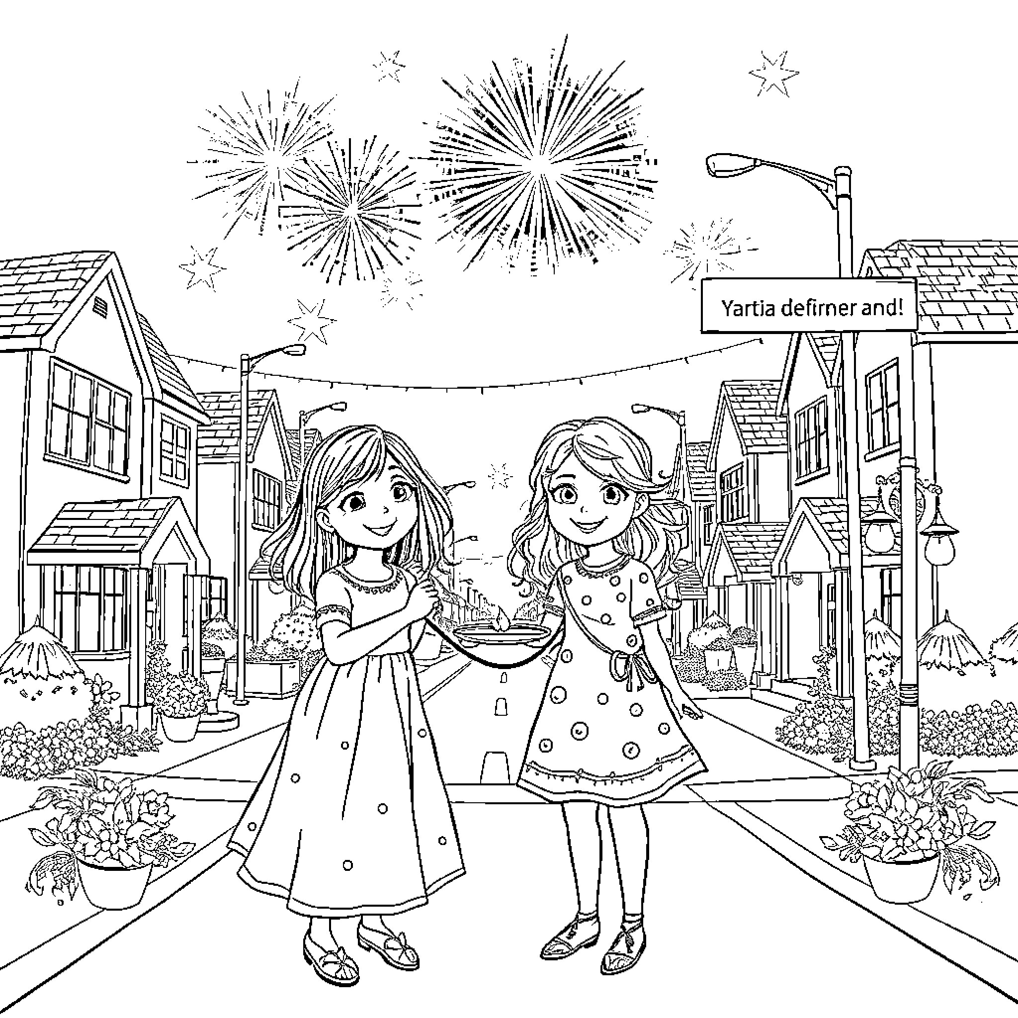 Girls watching fireworks in the town square Coloring Page (free black-and-white line drawing printable PDF for all, from beginners to advanced learners, including children, teens, adults, and seniors)