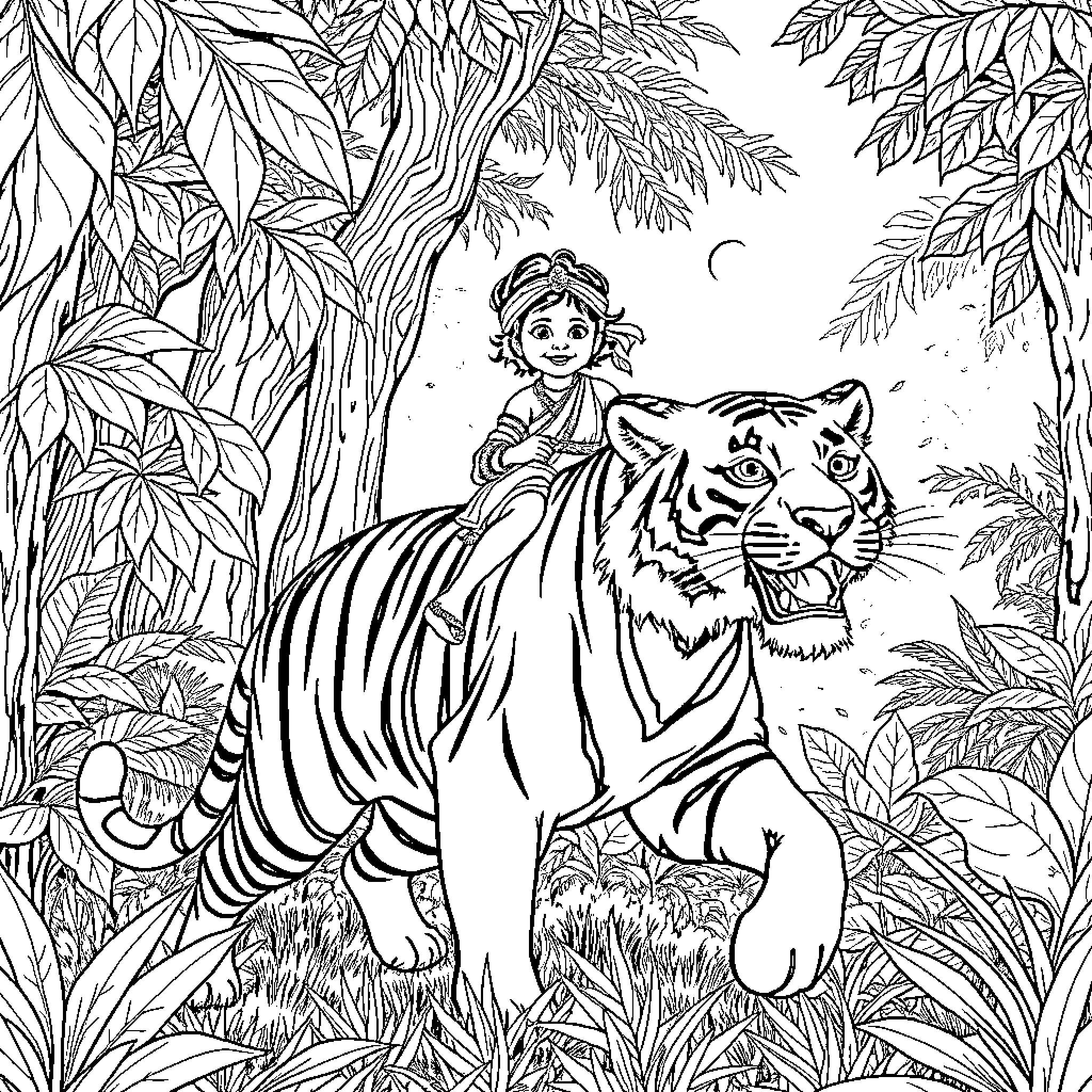 Child Riding Playfully on a Tiger in the Jungle Coloring Page (free black-and-white line drawing printable PDF for all, from beginners to advanced learners, including children, teens, adults, and seniors)
