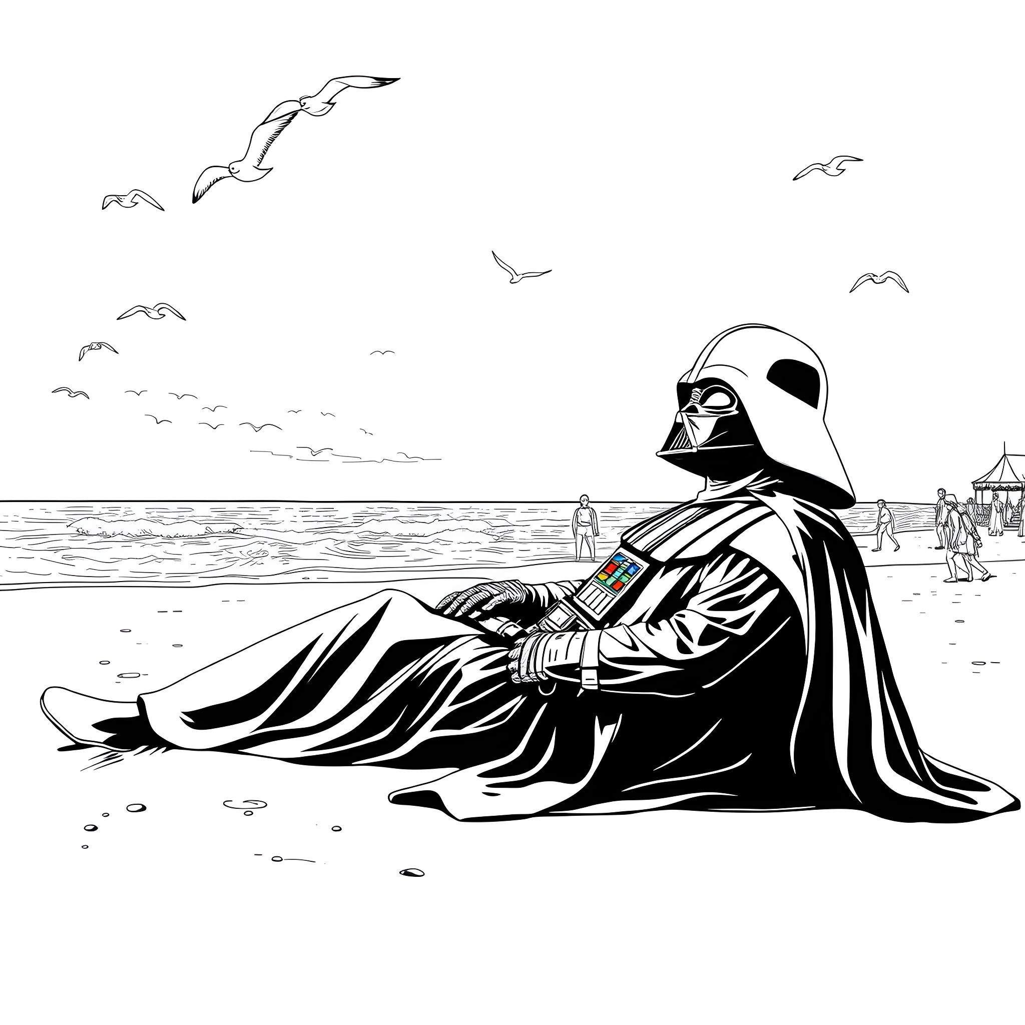 Darth Vader resting on the beach Coloring Page (free black-and-white line drawing printable PDF for all, from beginners to advanced learners, including children, teens, adults, and seniors)