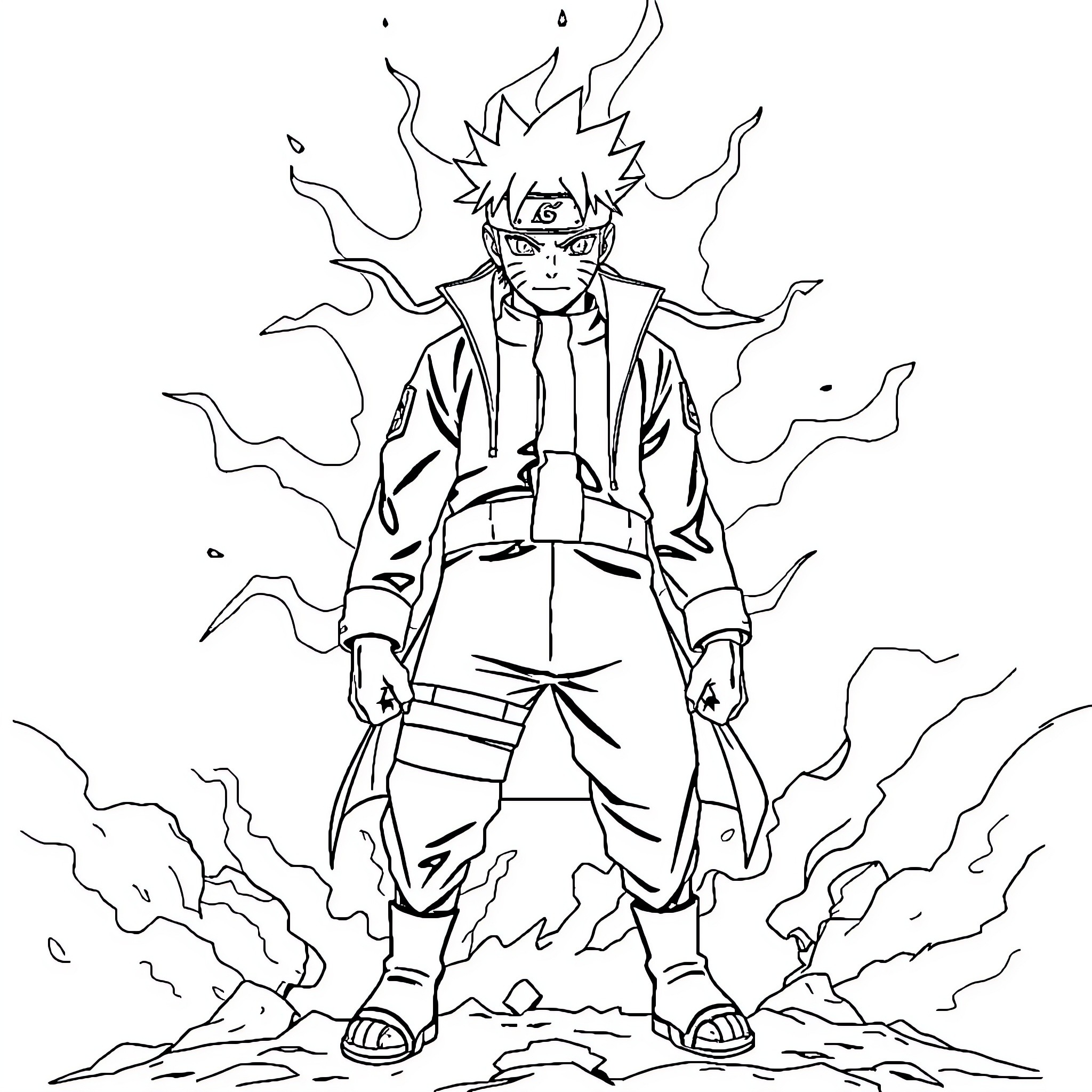 Naruto depicted in fierce battle stance Coloring Page (free black-and-white line drawing printable PDF for all, from beginners to advanced learners, including children, teens, adults, and seniors)