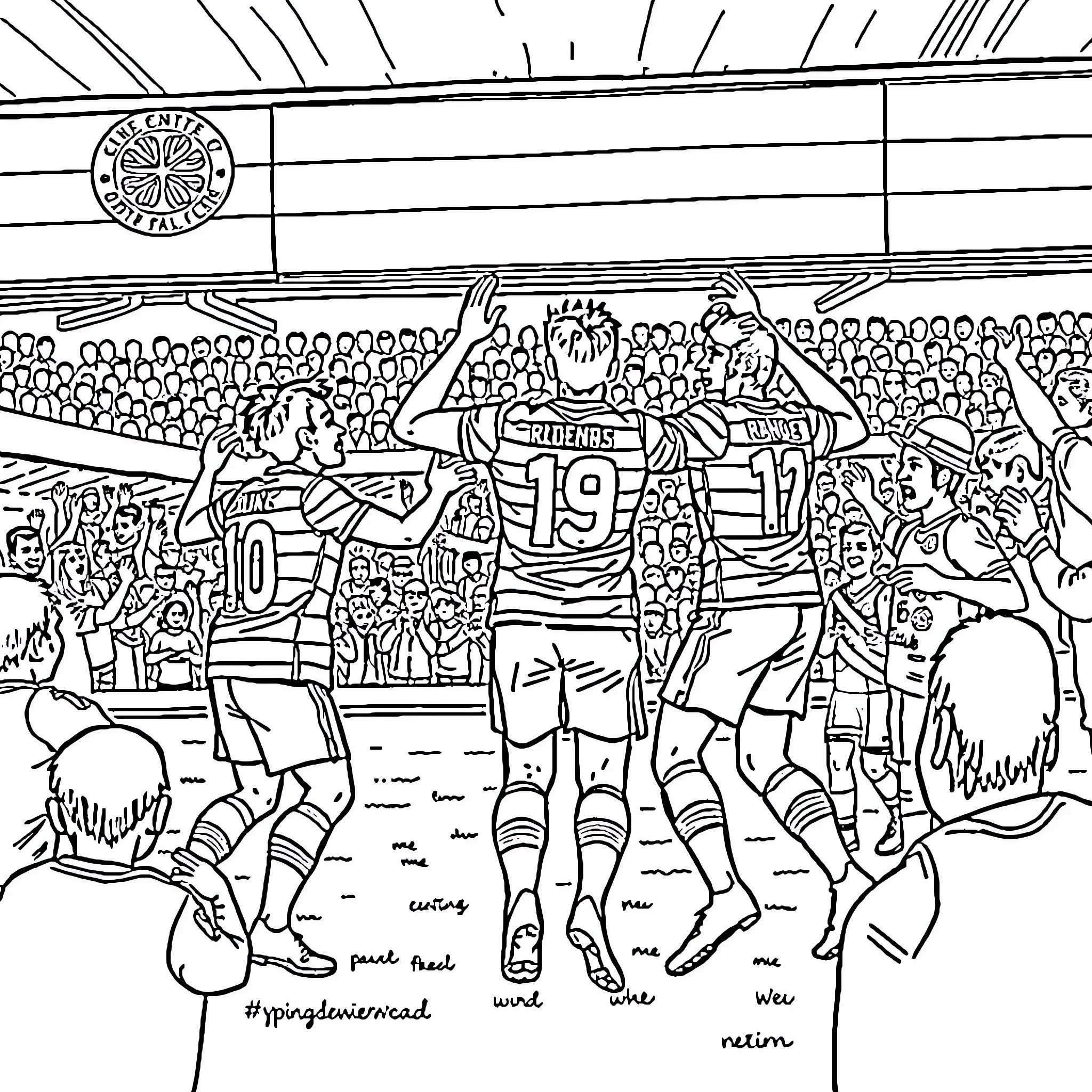 Celtic Fans Celebrating and Cheering at the Game Coloring Page (free black-and-white line drawing printable PDF for all, from beginners to advanced learners, including children, teens, adults, and seniors)
