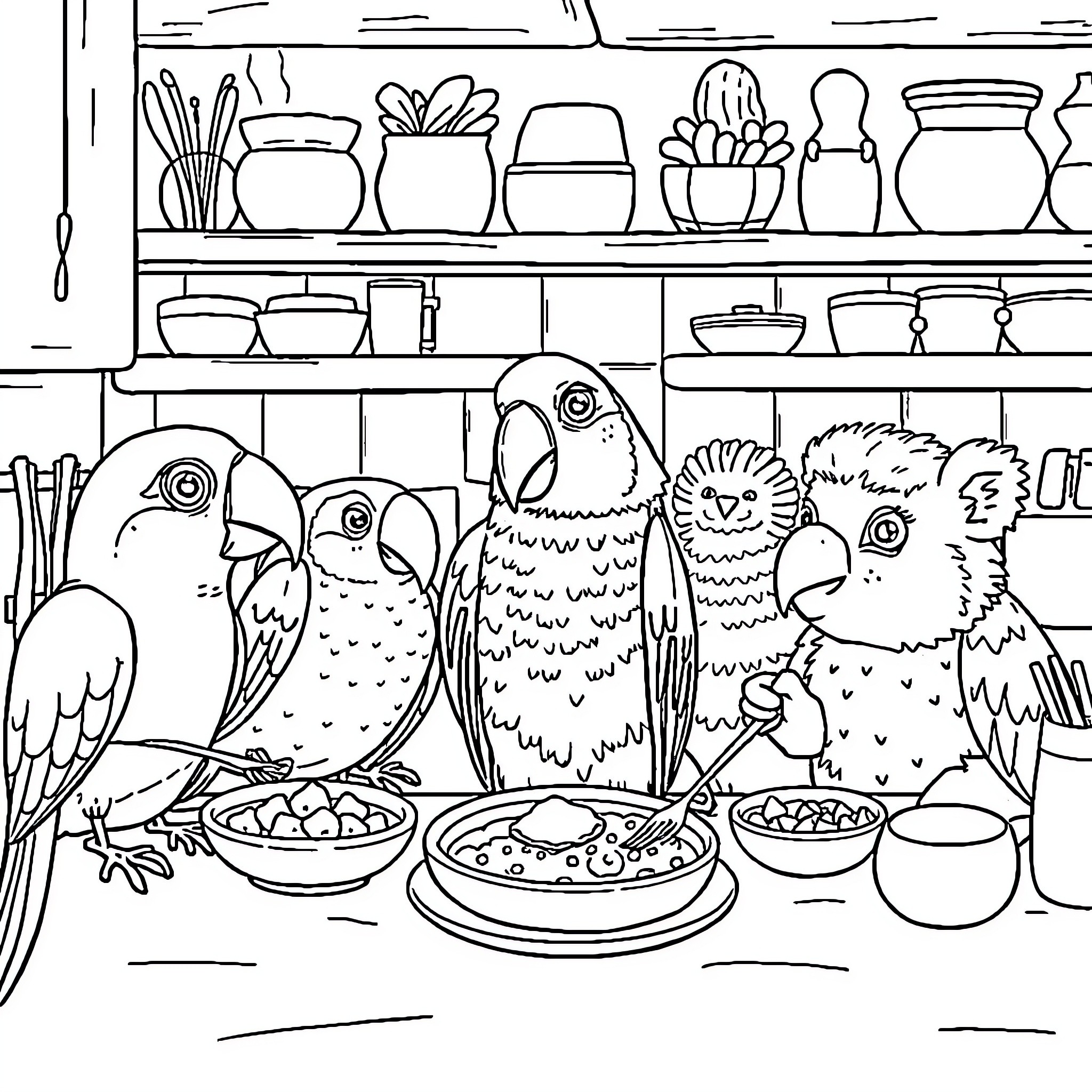 Pet parrots dining in a cozy kitchen Coloring Page (free black-and-white line drawing printable PDF for all, from beginners to advanced learners, including children, teens, adults, and seniors)