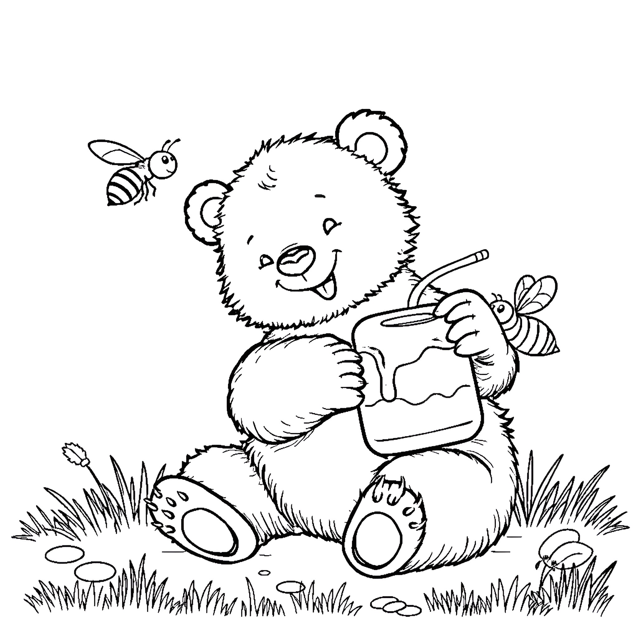 Bear catching a bee in the meadow Coloring Page (free black-and-white line drawing printable PDF for all, from beginners to advanced learners, including children, teens, adults, and seniors)