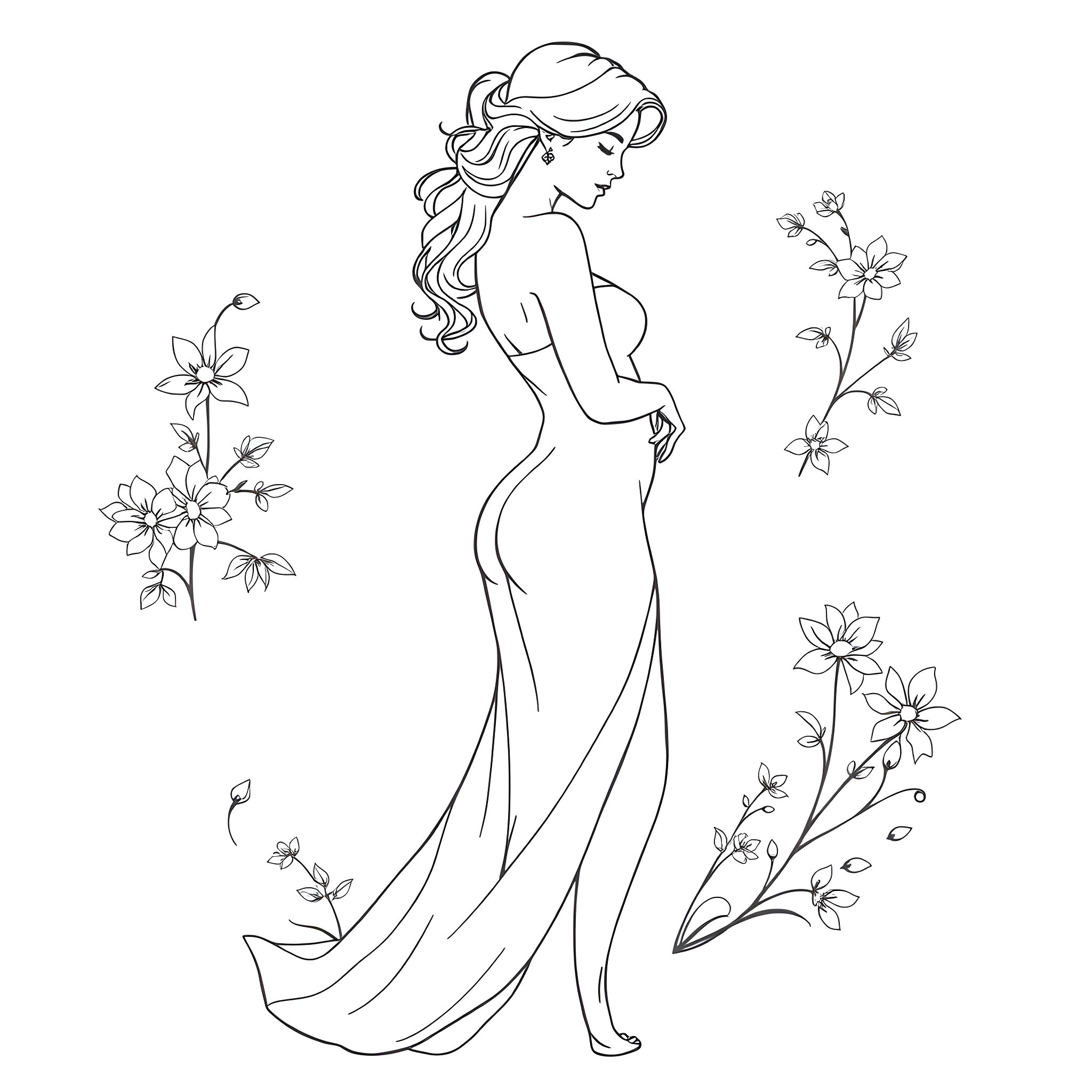 Breast-Clad Figure Surrounded by Blooming Flowers Coloring Page (free black-and-white line drawing printable PDF for all, from beginners to advanced learners, including children, teens, adults, and seniors)