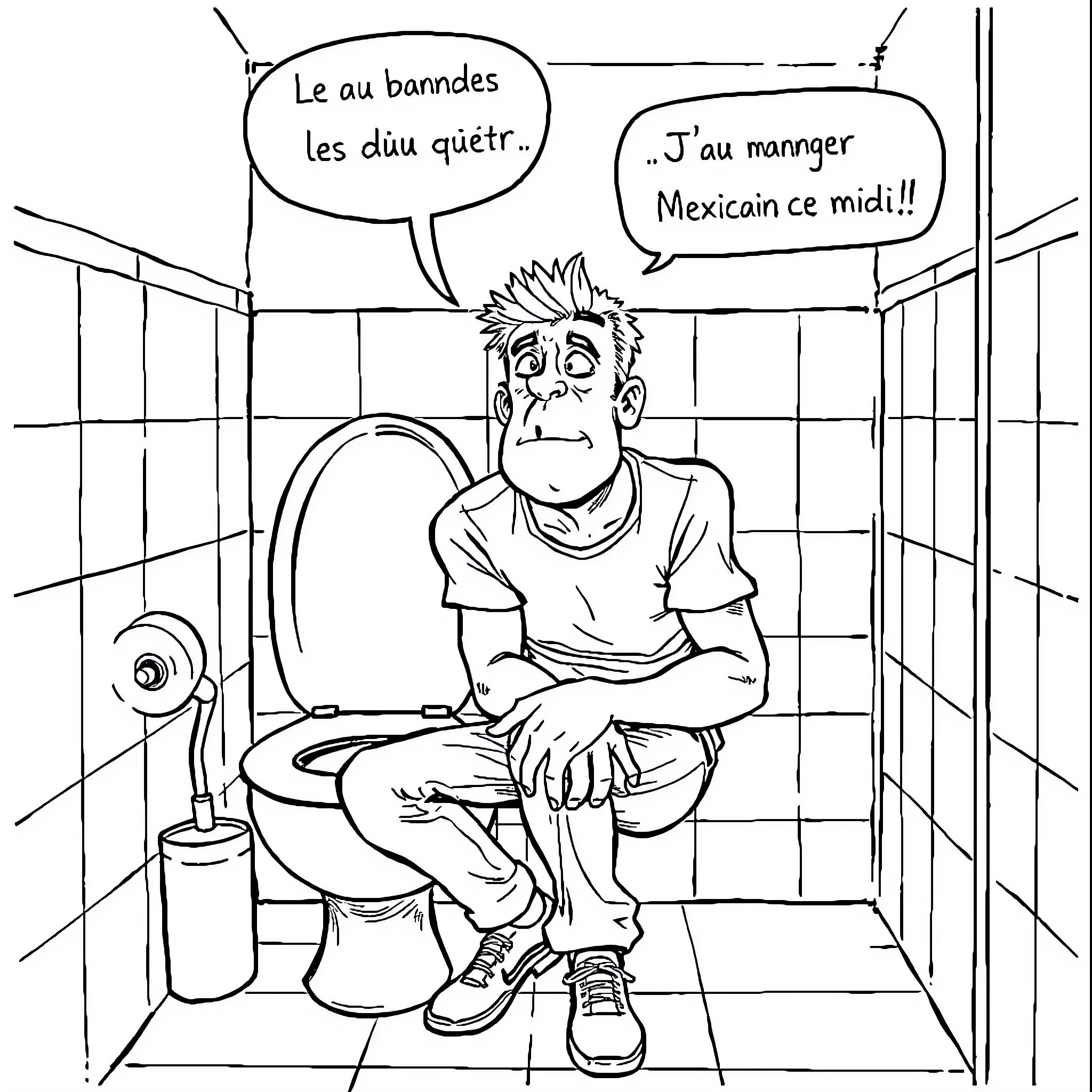 Homme en détresse dans les toilettes publiques Coloring Page (free black-and-white line drawing printable PDF for all, from beginners to advanced learners, including children, teens, adults, and seniors)