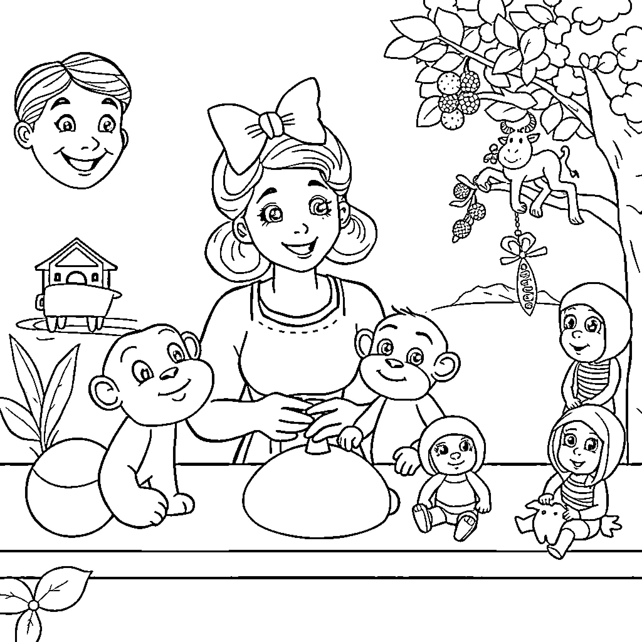 Merry Monkeys and Magnificent Maidens in a Marvelous Meadow Coloring Page (free black-and-white line drawing printable PDF for all, from beginners to advanced learners, including children, teens, adults, and seniors)