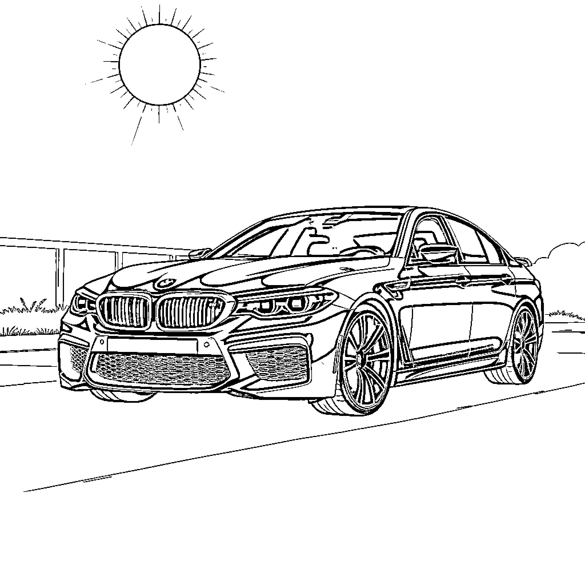 BMW M5 sports car on the road under the sun Coloring Page (free black-and-white line drawing printable PDF for all, from beginners to advanced learners, including children, teens, adults, and seniors)