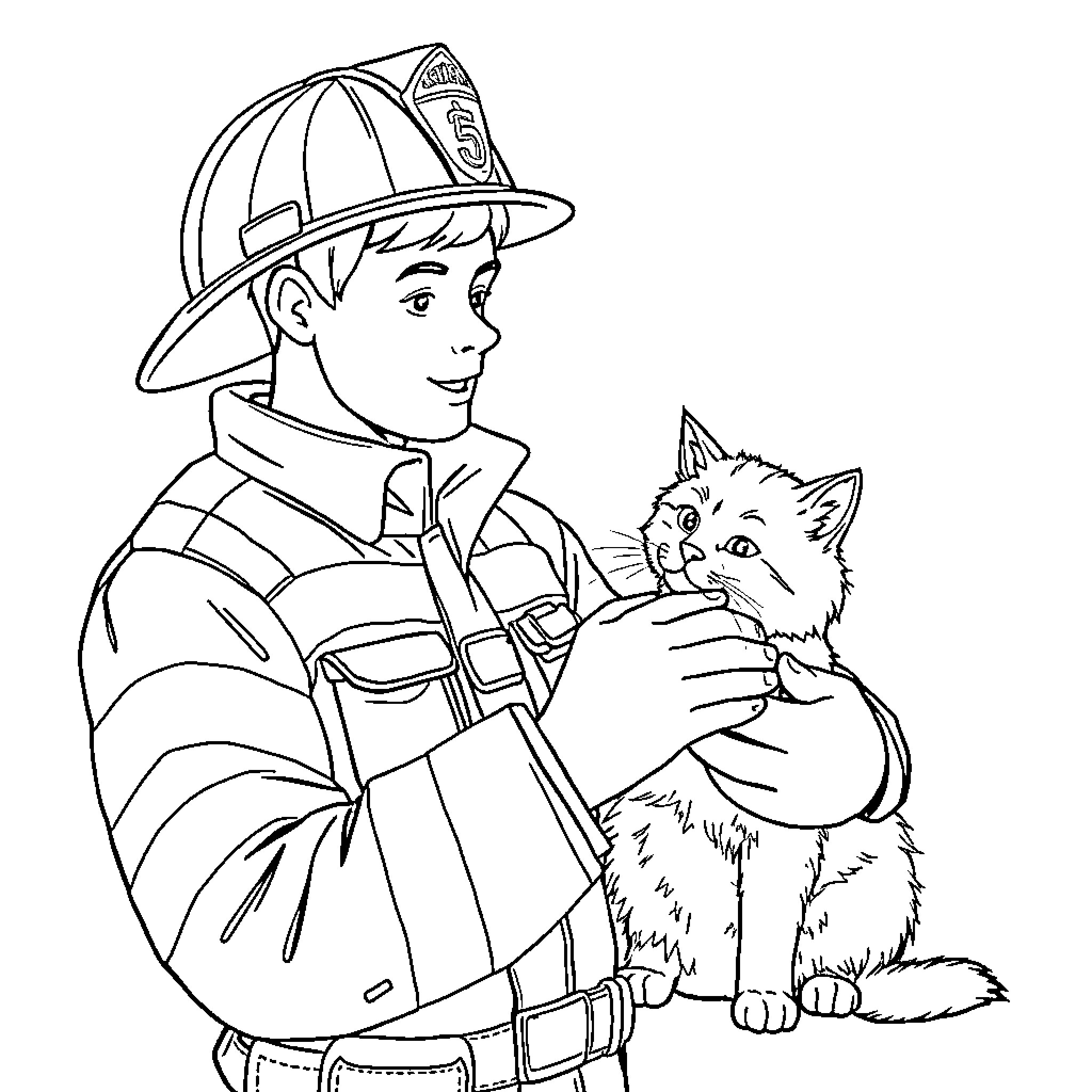 Firefighter rescuing a kitten from danger Coloring Page (free black-and-white line drawing printable PDF for all, from beginners to advanced learners, including children, teens, adults, and seniors)
