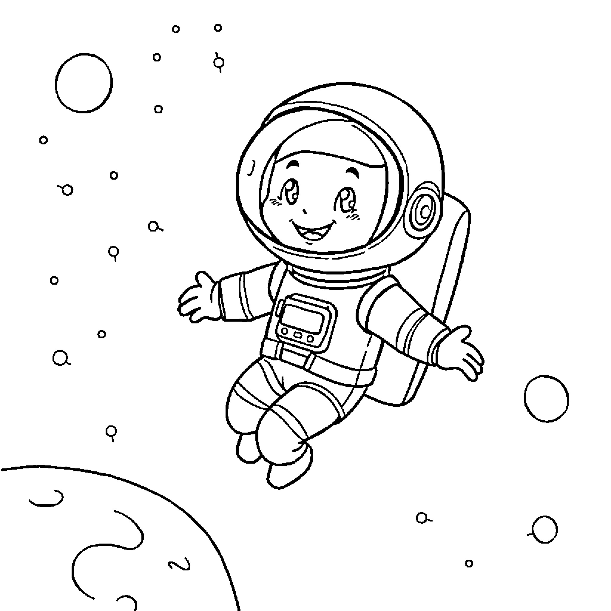 Astronaut exploring the vast cosmos with a smile Coloring Page (free black-and-white line drawing printable PDF for all, from beginners to advanced learners, including children, teens, adults, and seniors)