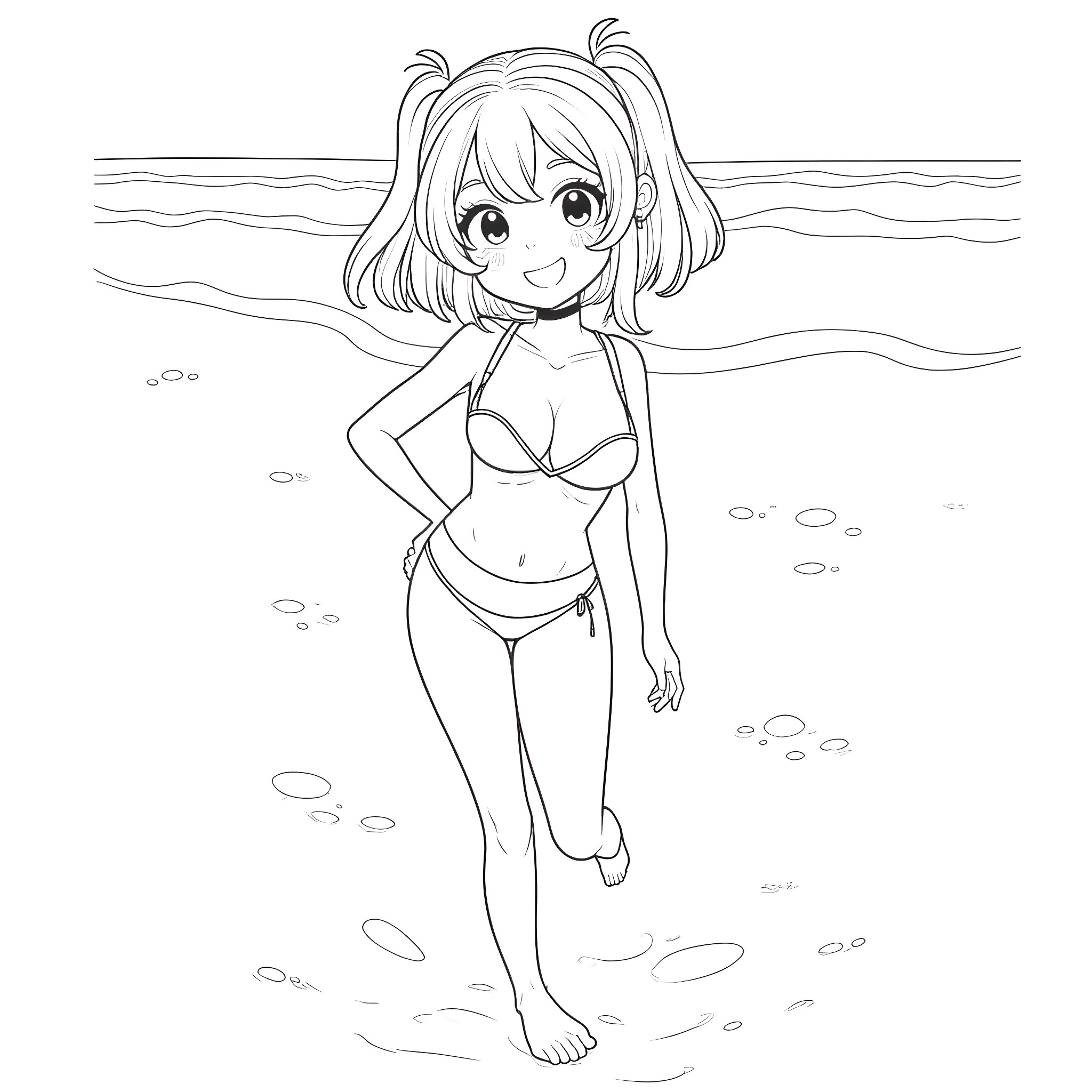 Anime Girl in Beachwear Smiling Playfully Coloring Page (free black-and-white line drawing printable PDF for all, from beginners to advanced learners, including children, teens, adults, and seniors)