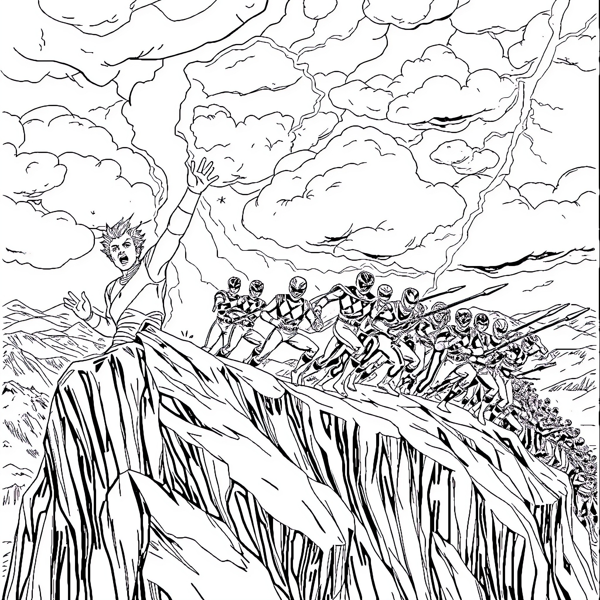 Power Rangers Mobilizing for Action in Stormy Terrain Coloring Page (free black-and-white line drawing printable PDF for all, from beginners to advanced learners, including children, teens, adults, and seniors)