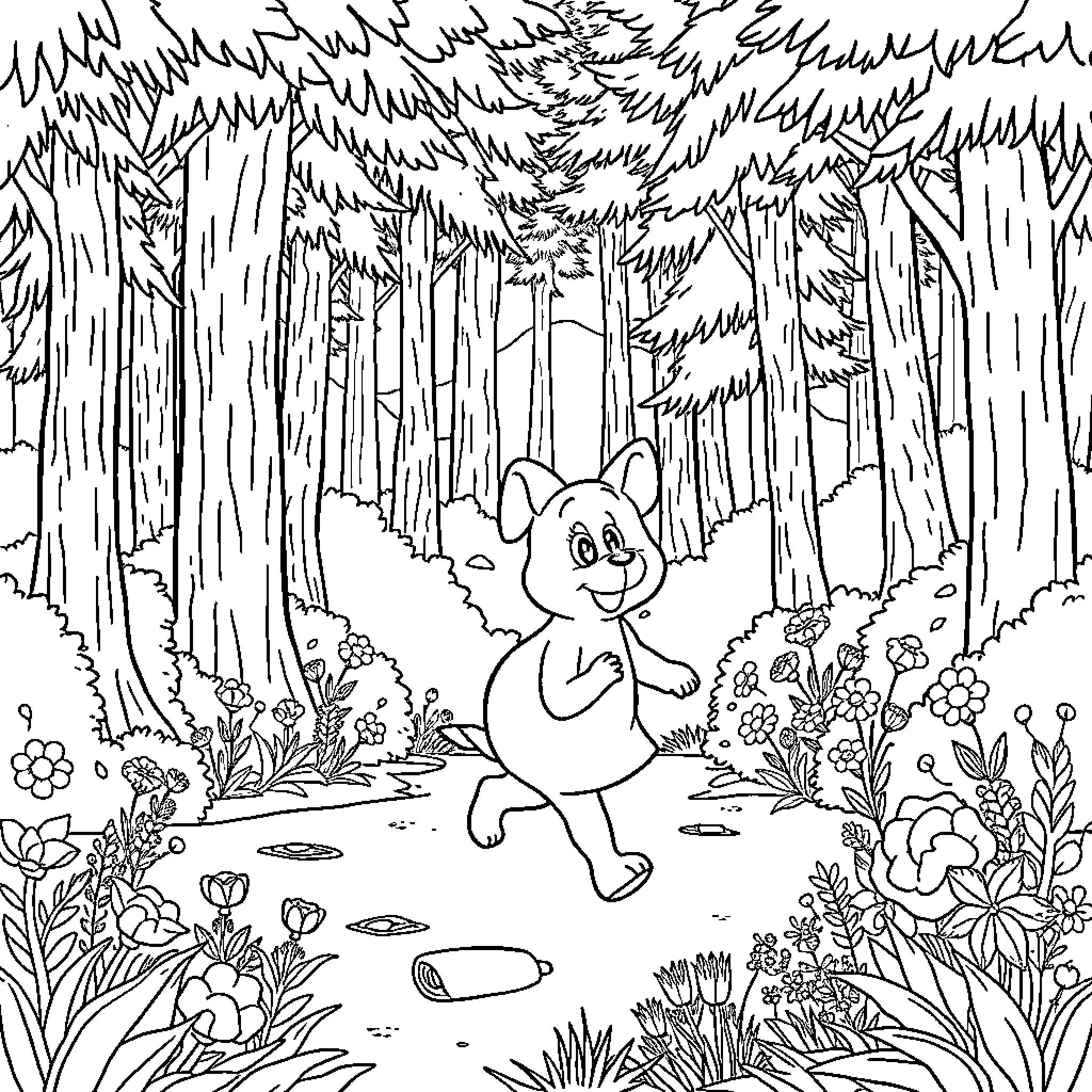 Pepa's Forest Adventure Coloring Page (free black-and-white line drawing printable PDF for all, from beginners to advanced learners, including children, teens, adults, and seniors)