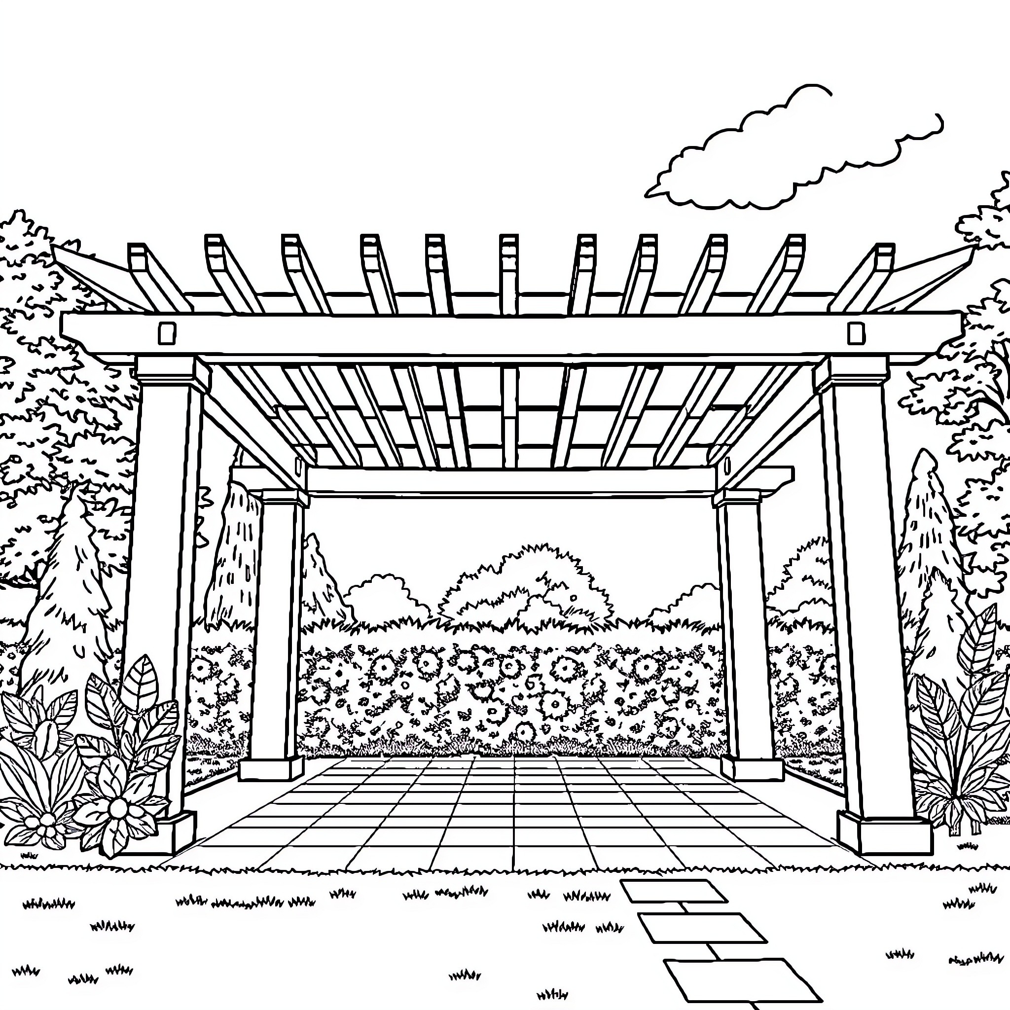 Permuda Tranquil Garden Retreat Coloring Page (free black-and-white line drawing printable PDF for all, from beginners to advanced learners, including children, teens, adults, and seniors)