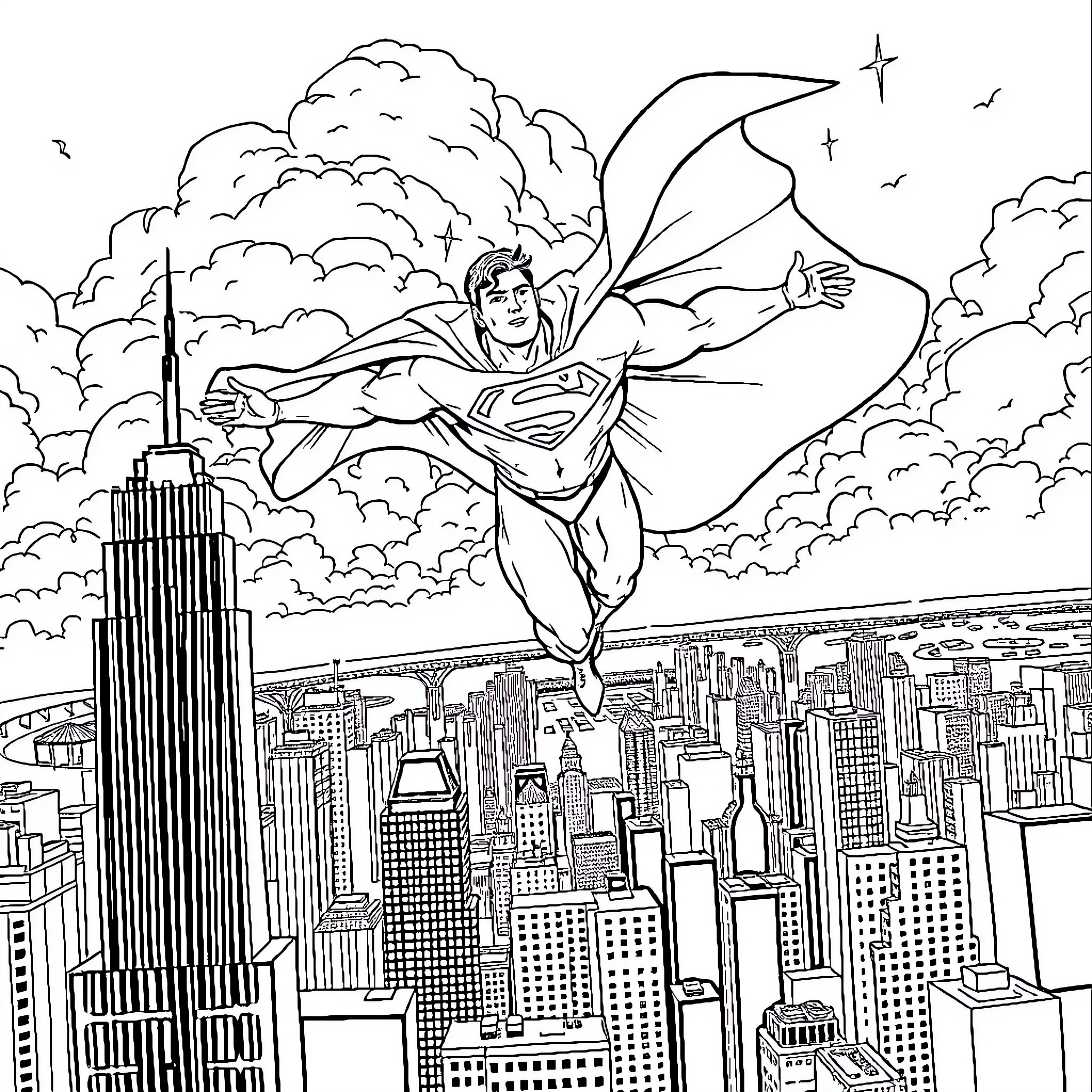 Superman soaring above the city skyline Coloring Page (free black-and-white line drawing printable PDF for all, from beginners to advanced learners, including children, teens, adults, and seniors)