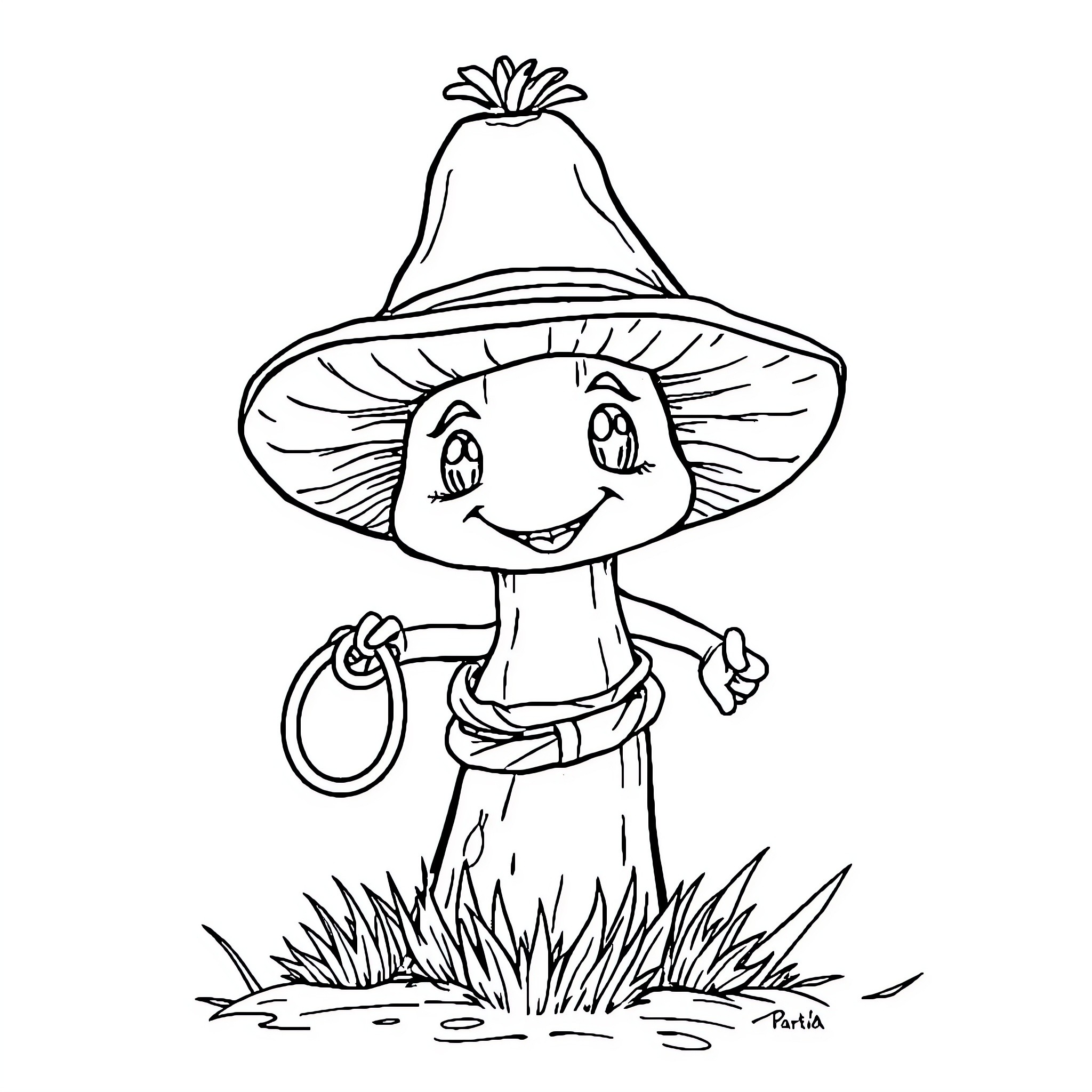 Mushroom character smiling and waving Coloring Page (free black-and-white line drawing printable PDF for all, from beginners to advanced learners, including children, teens, adults, and seniors)