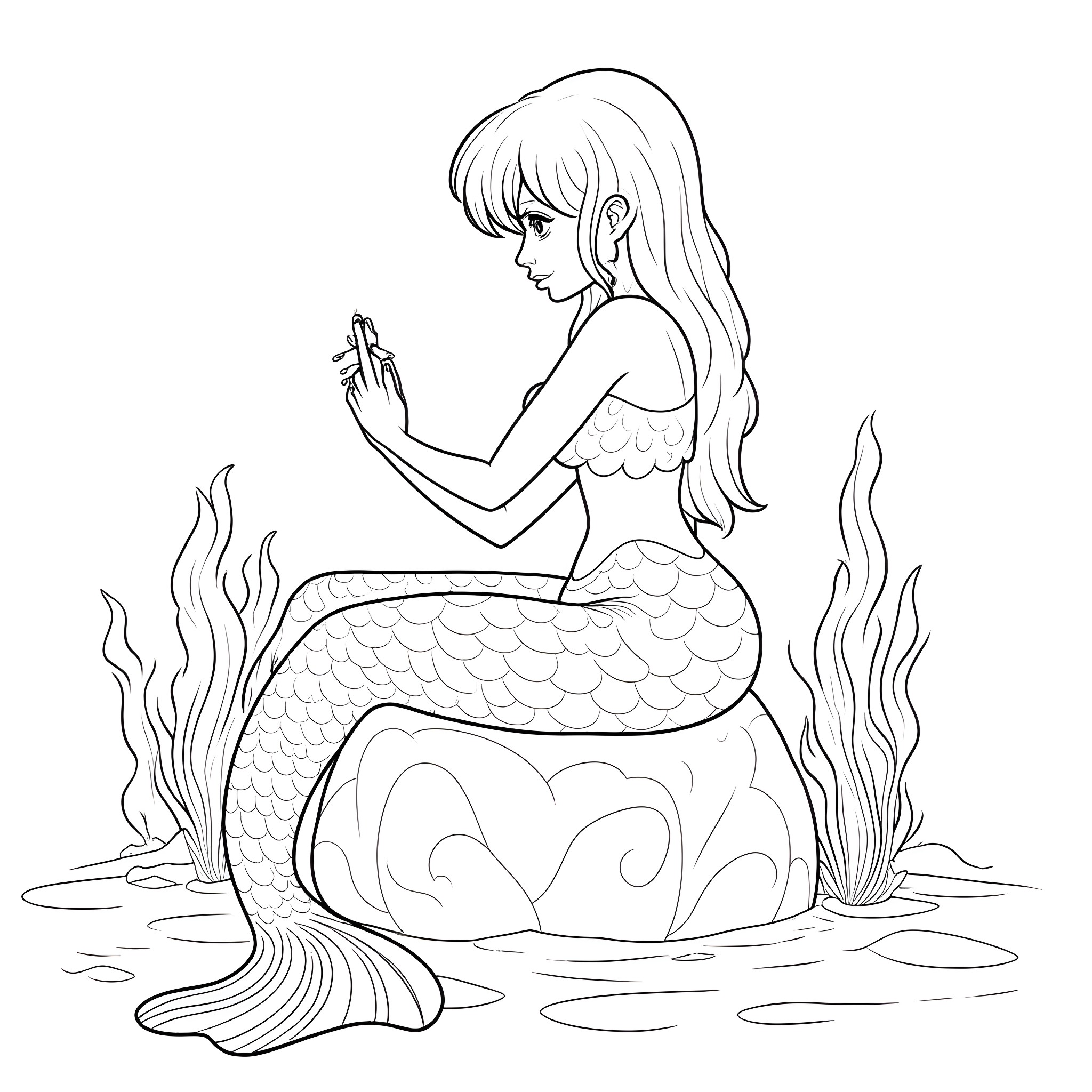 Mermaid gazing thoughtfully in the ocean Coloring Page (free black-and-white line drawing printable PDF for all, from beginners to advanced learners, including children, teens, adults, and seniors)
