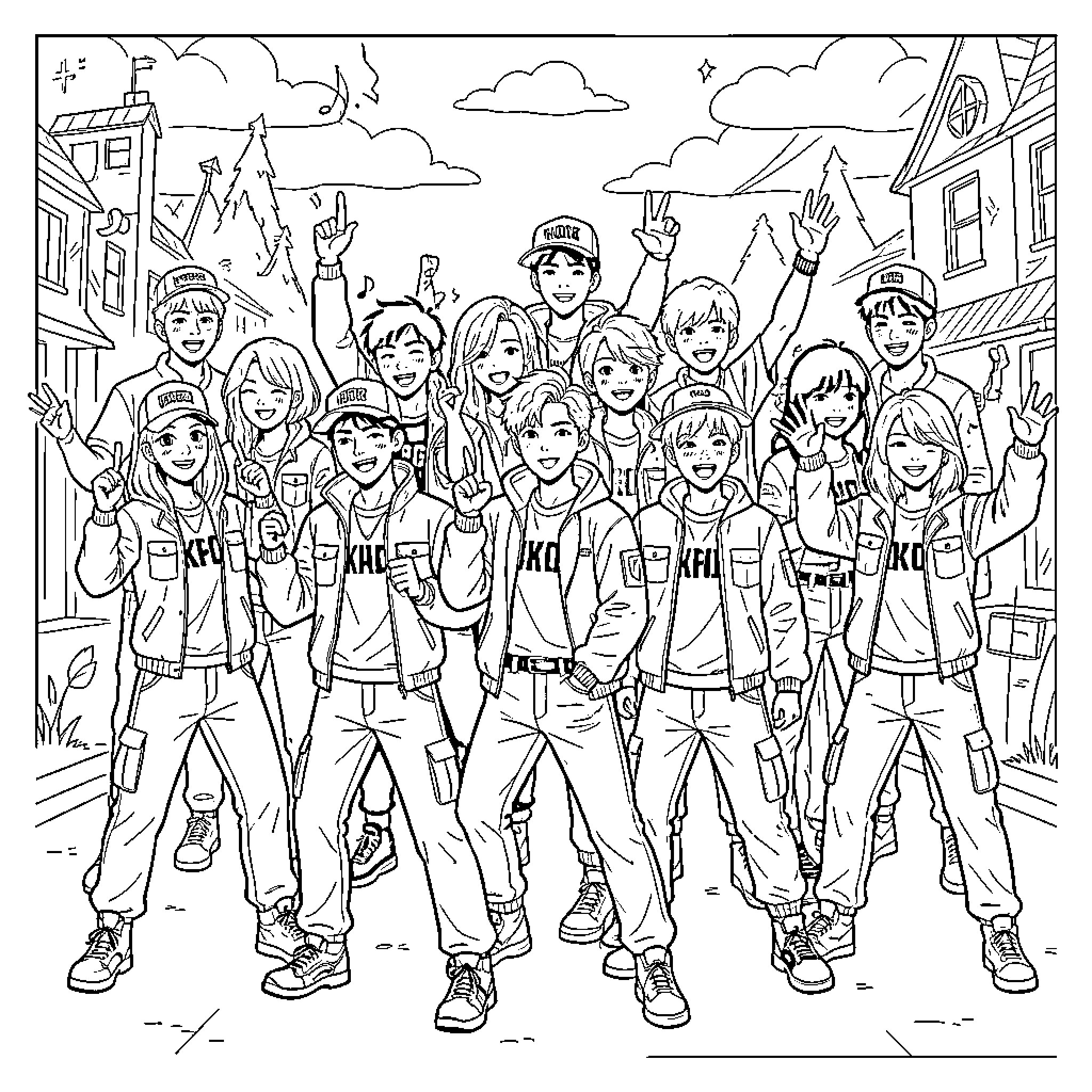 Hunter group of friends posing together outdoors Coloring Page (free black-and-white line drawing printable PDF for all, from beginners to advanced learners, including children, teens, adults, and seniors)