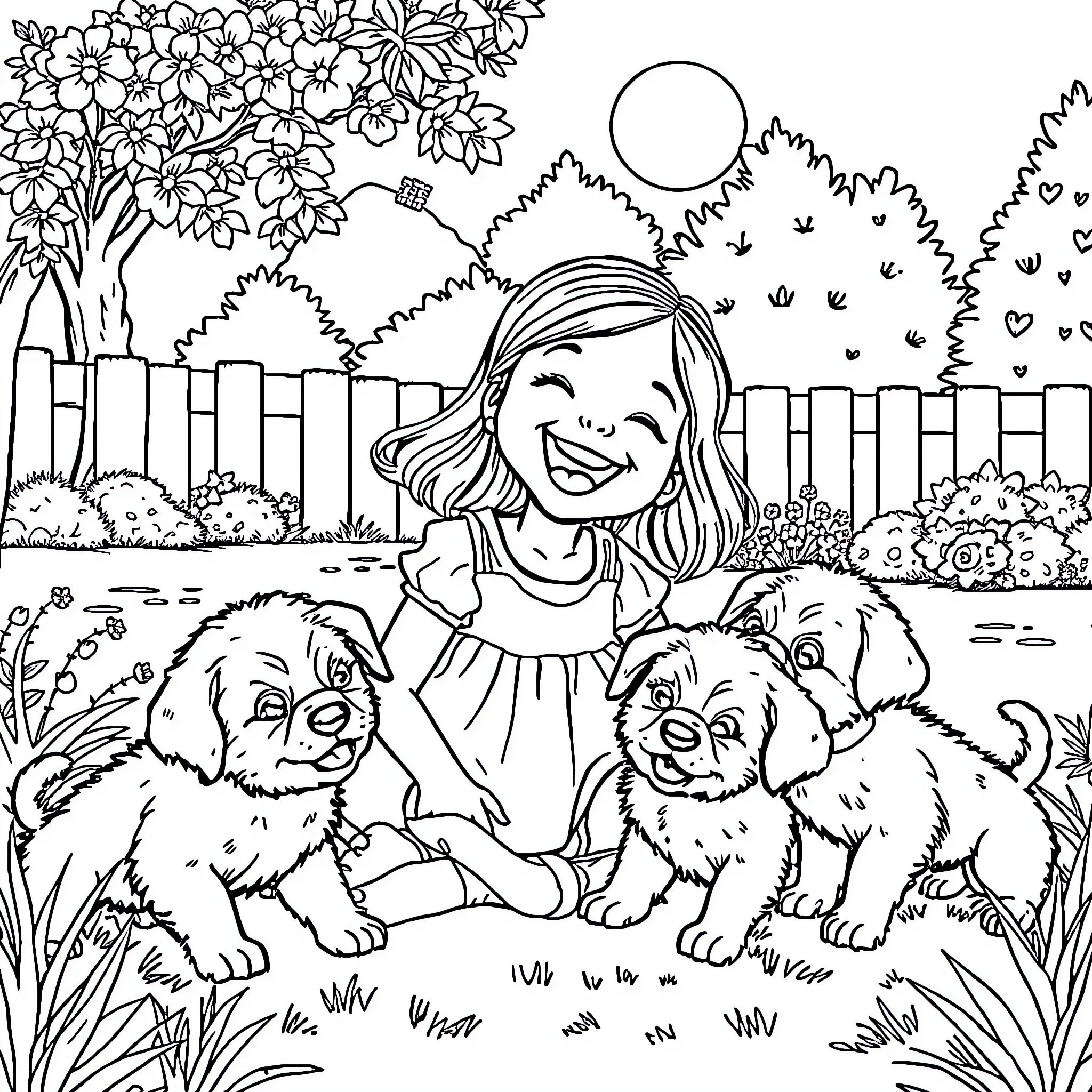 Girl happily playing with her puppies in the garden Coloring Page (free black-and-white line drawing printable PDF for all, from beginners to advanced learners, including children, teens, adults, and seniors)