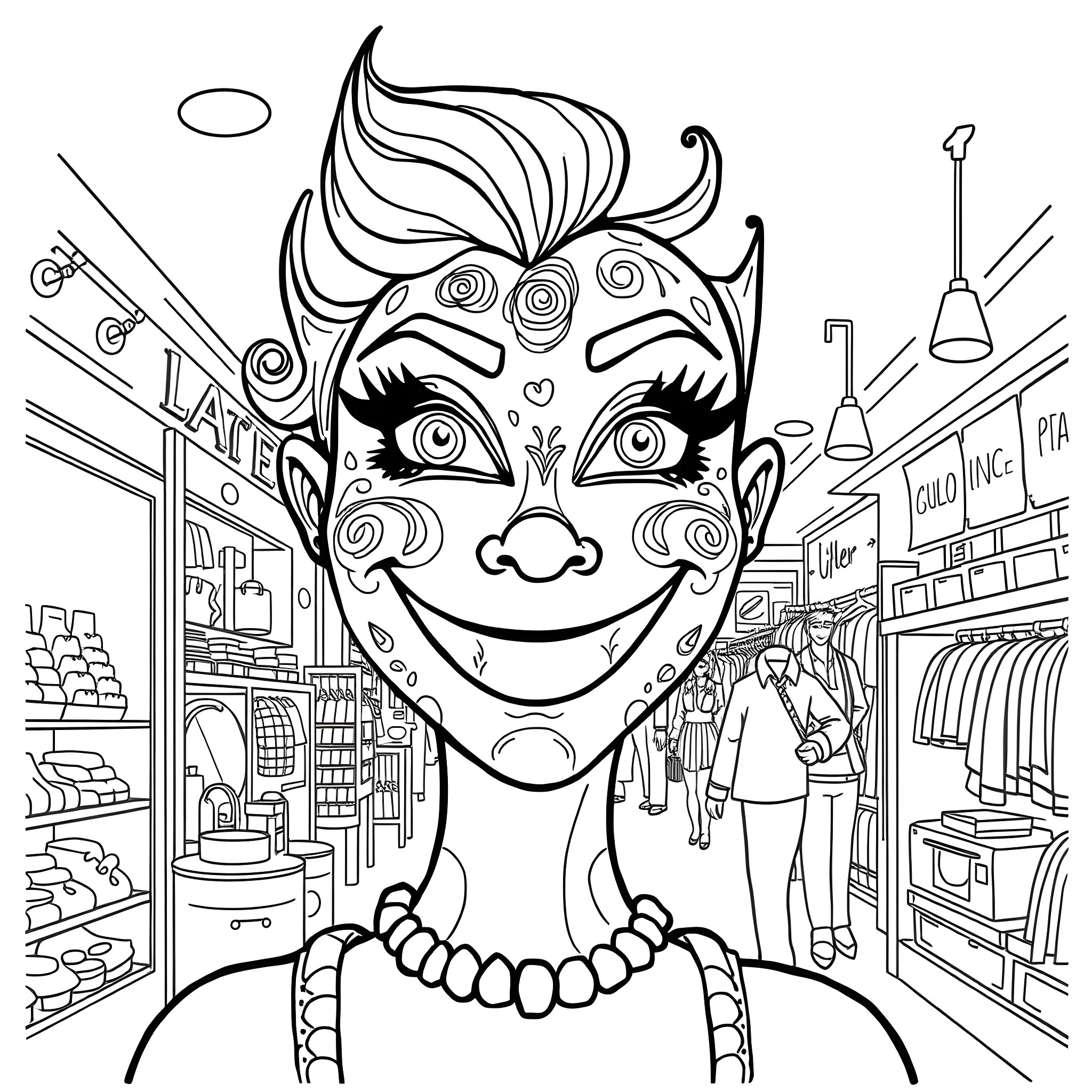 Smiley Face Explores Whimsical Retail Adventure Coloring Page (free black-and-white line drawing printable PDF for all, from beginners to advanced learners, including children, teens, adults, and seniors)