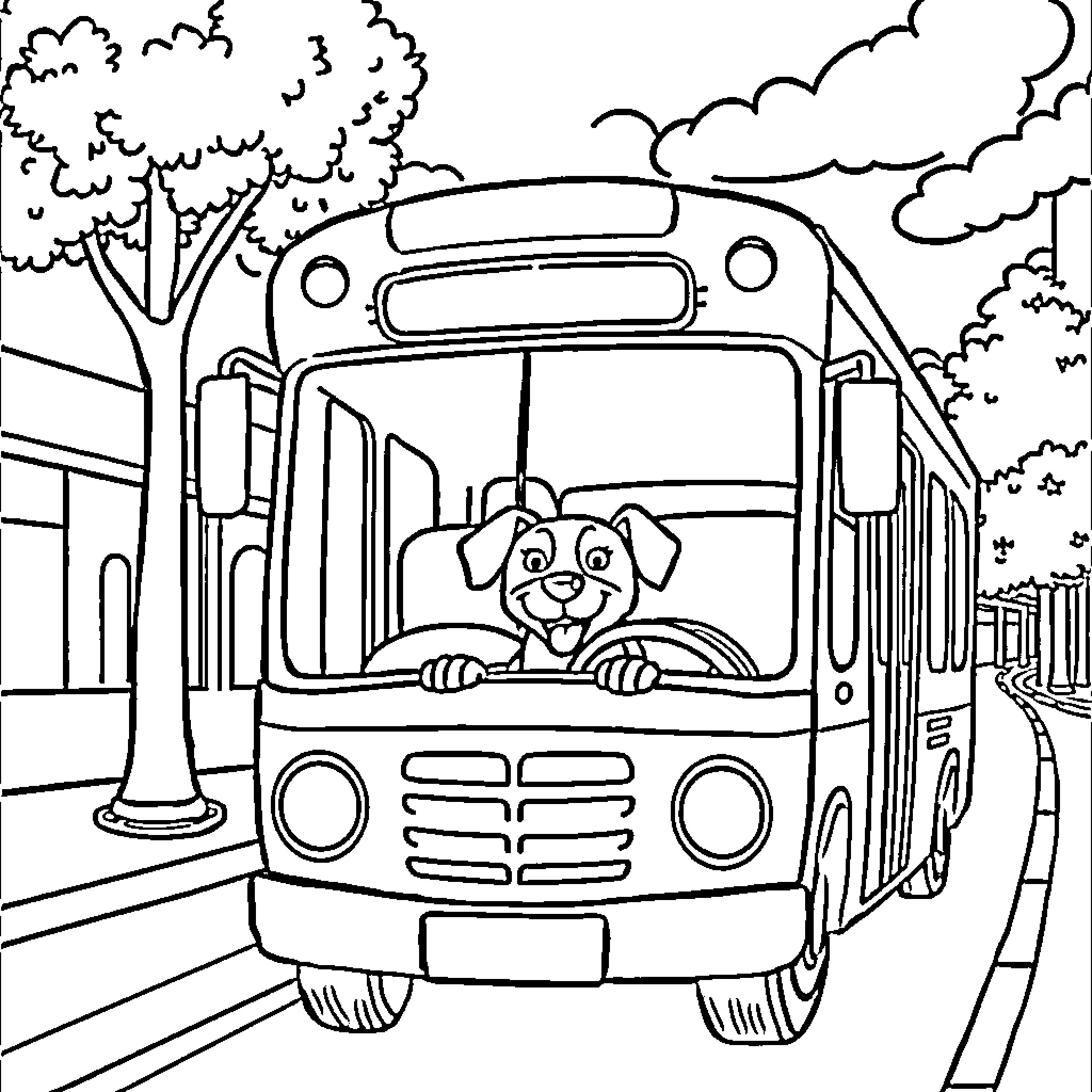 Dog peeking out from school bus window Coloring Page (free black-and-white line drawing printable PDF for all, from beginners to advanced learners, including children, teens, adults, and seniors)
