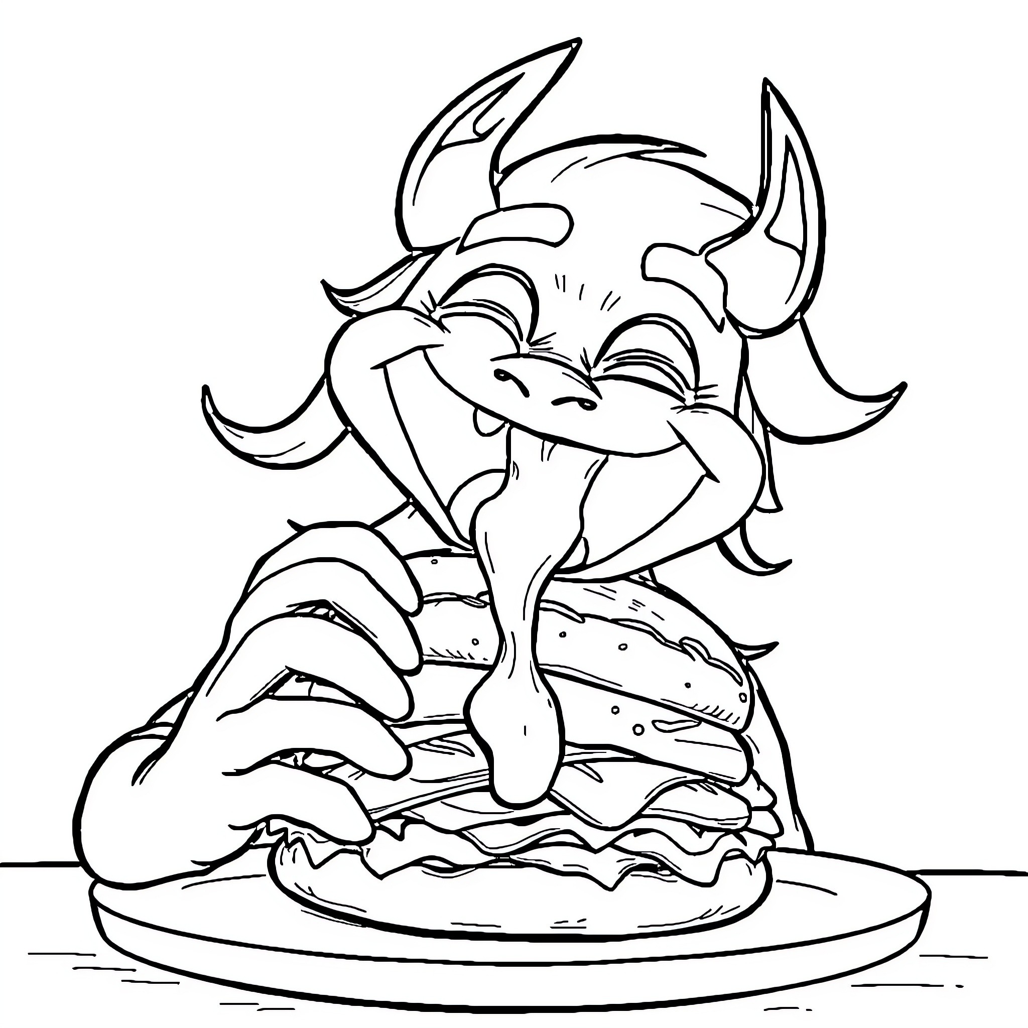 Rimuru enjoying a delightful burger Coloring Page (free black-and-white line drawing printable PDF for all, from beginners to advanced learners, including children, teens, adults, and seniors)